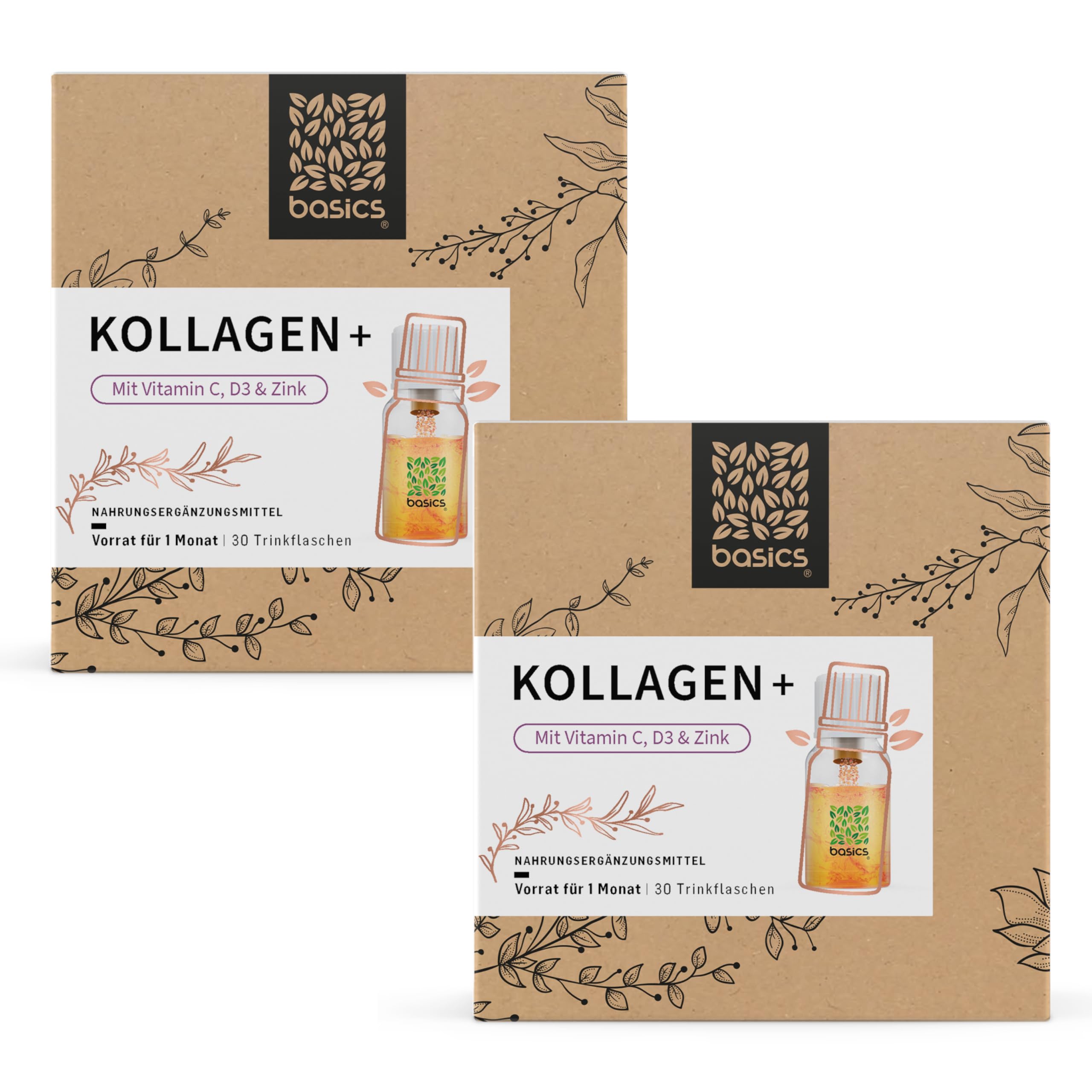 basics Kollagen + mit hochdosiertem Kollagen Hydrolysat, Vitamin C, D3, Biotin und Zink - für den Erhalt von schöner Haut, Haar und Nägeln - 30 Trinkflaschen - 10ml pro Tagesdosis (2er Pack)