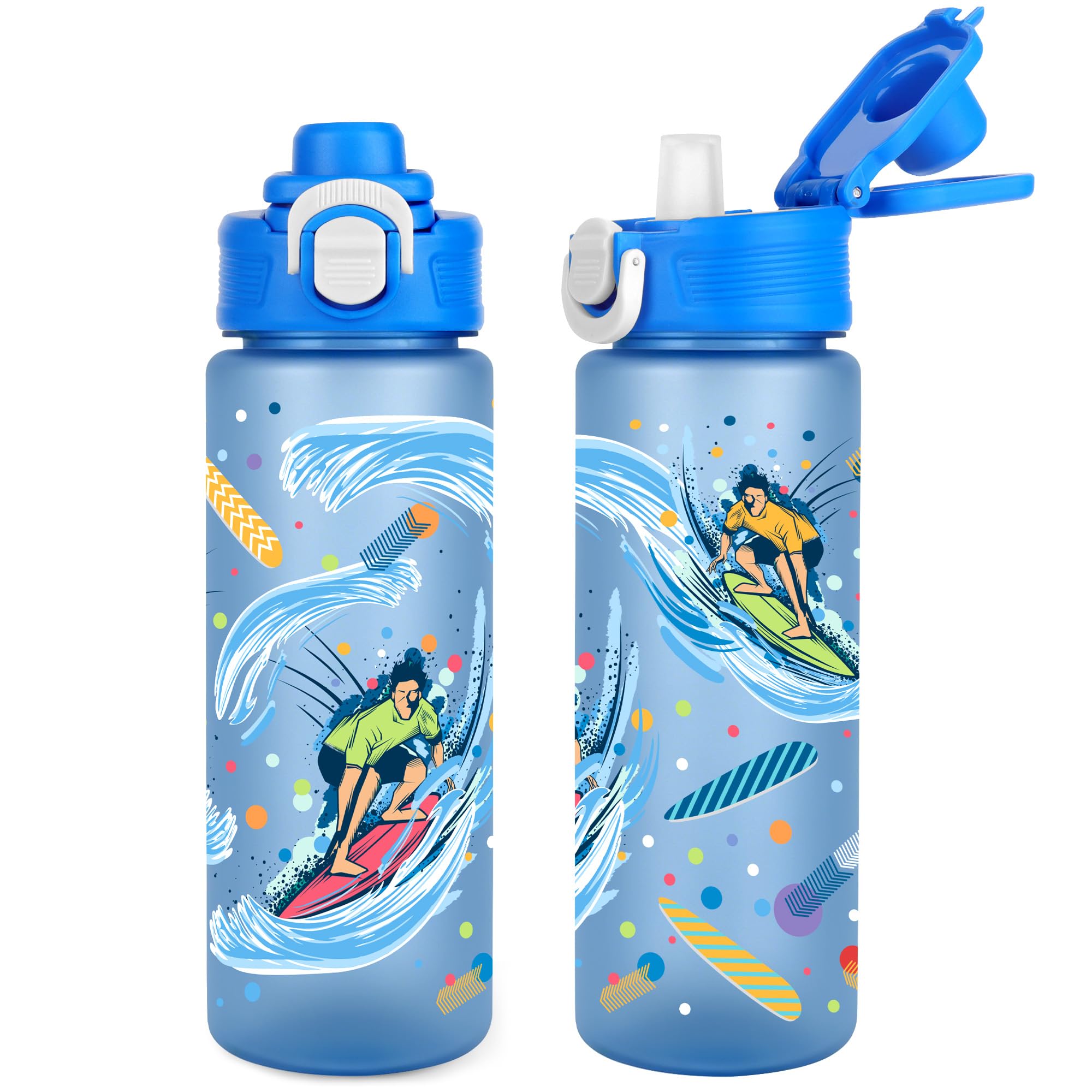 Queenshin Boys Surfing Water Bottle with Straw for School Tween 22oz Large