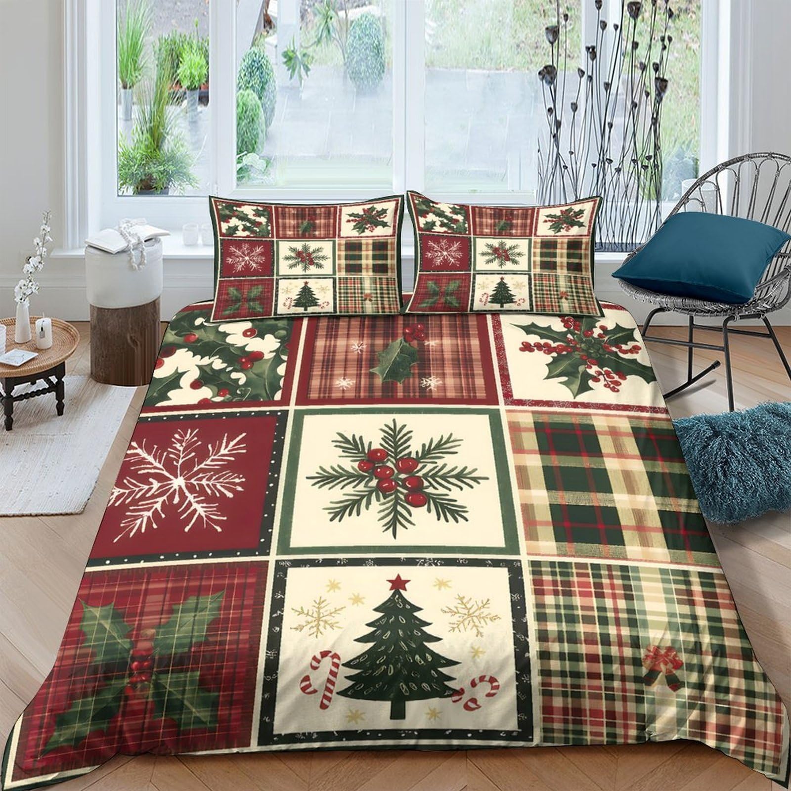 Ctjqhvkz Style-5 3D Printed Christmas Patchwork Fitted Sheet Microfiber Red Green Snowflake Plaid Mattress Cover For Bedroom Guest Room Decor Single（135X200cm）