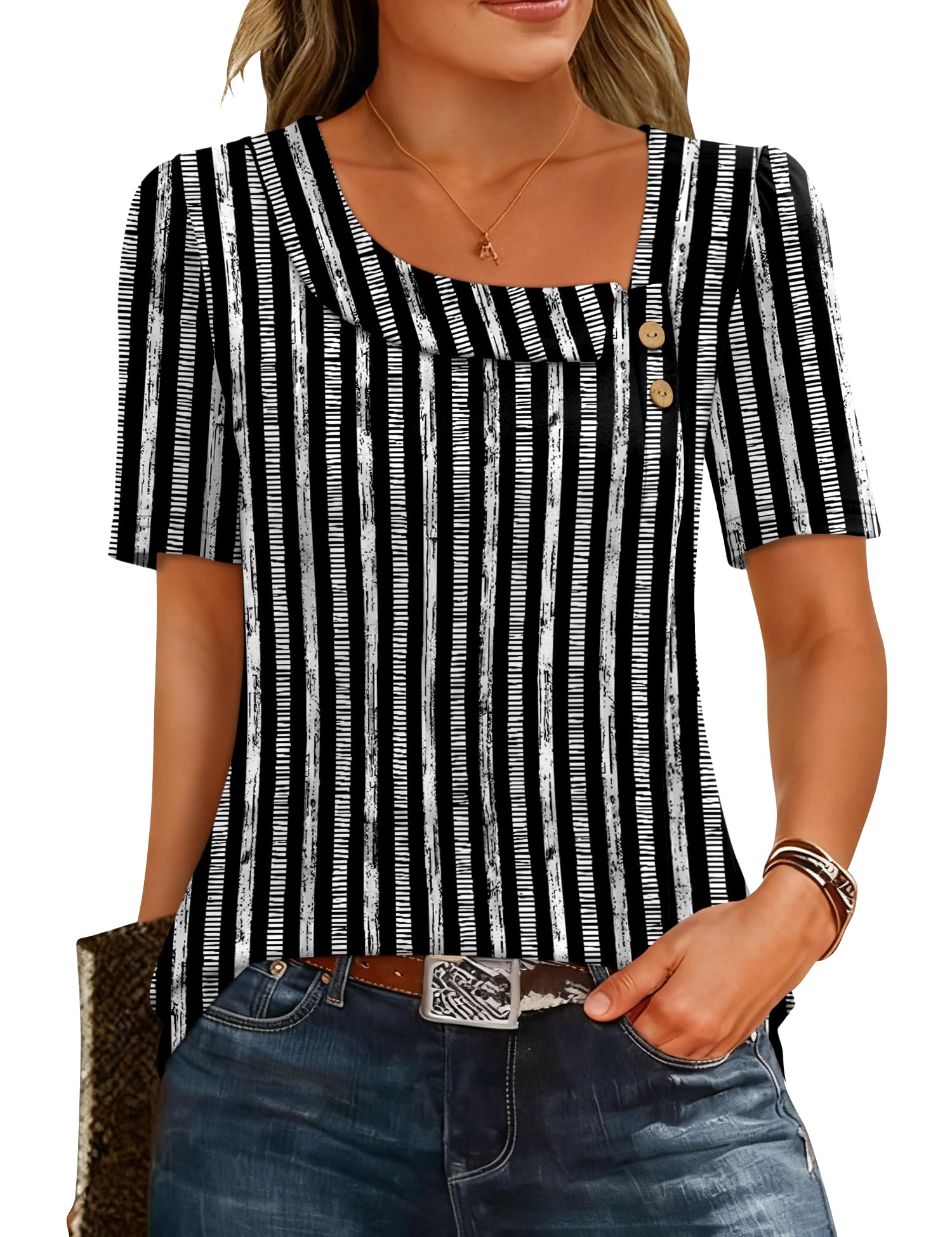 Rapbin Bluse Damen Elegant Sommer Oberteile Kurzarm Asymmetrischer Kragen T-Shirt Business Casual Tunika S-XXL