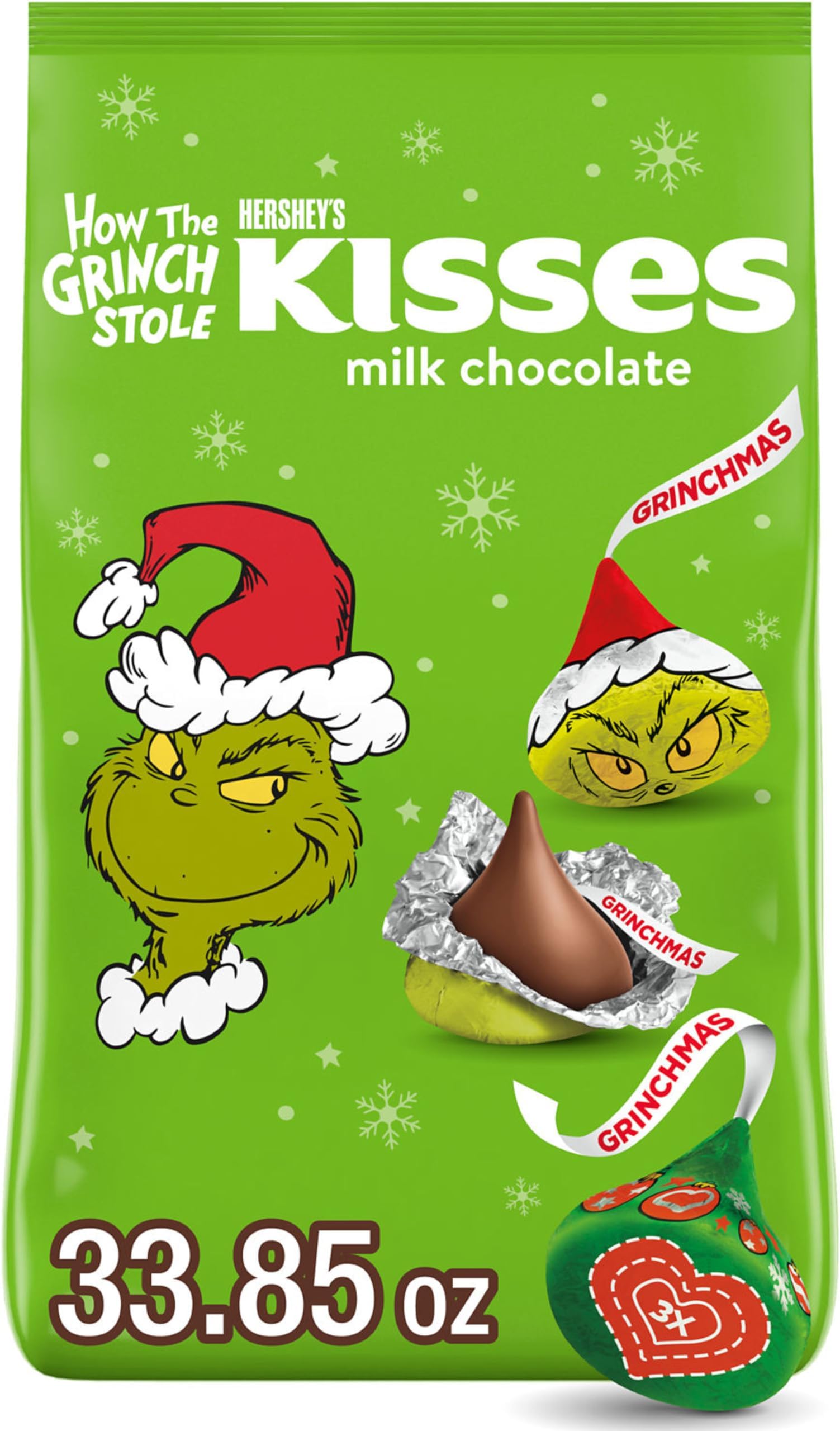KISSES Grinch Milk Chocolate, Christmas Candy Bulk Bag, 33.85 oz