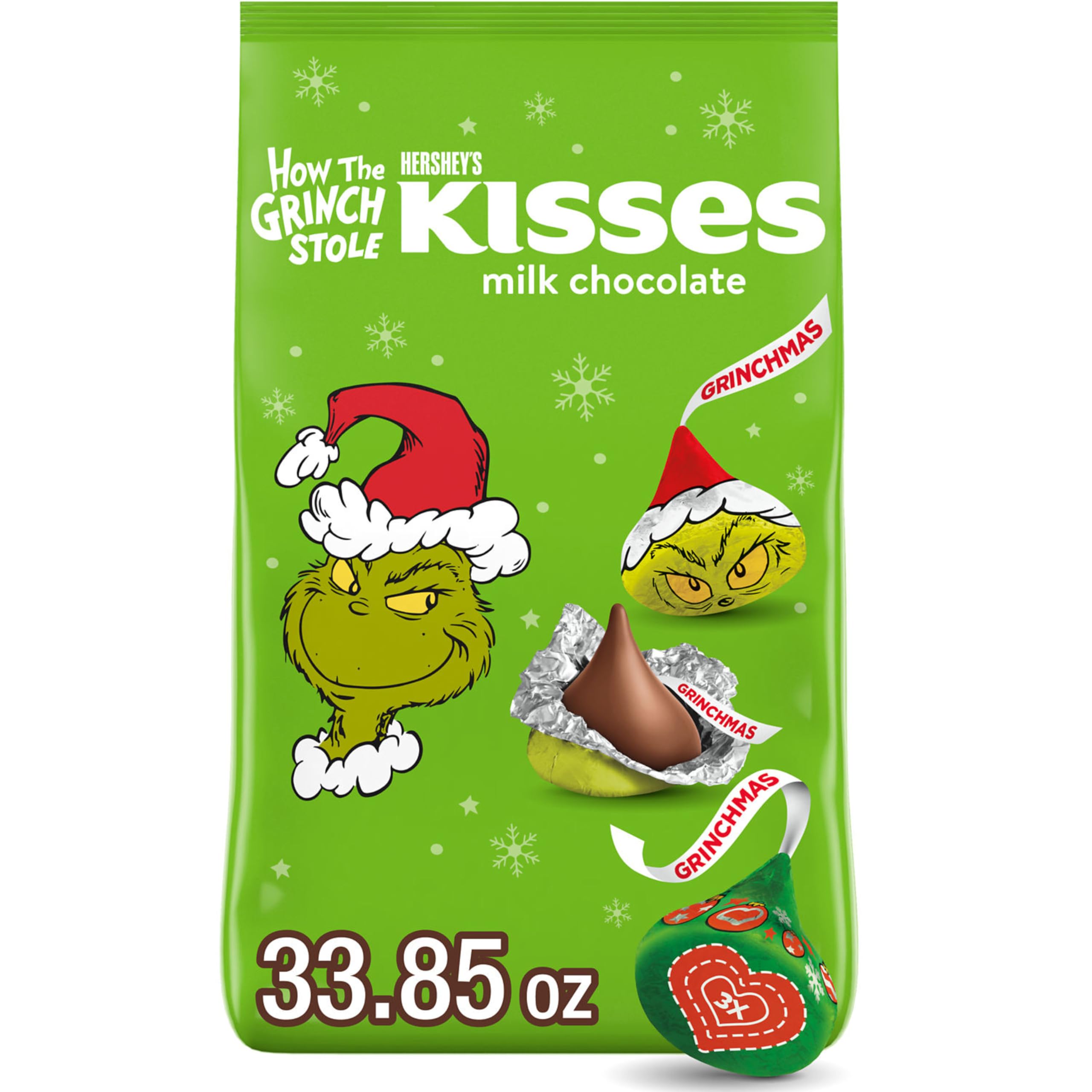 HERSHEY'S KISSES Grinch Milk Chocolate, Christmas Candy Bulk Bag, 33.85 oz