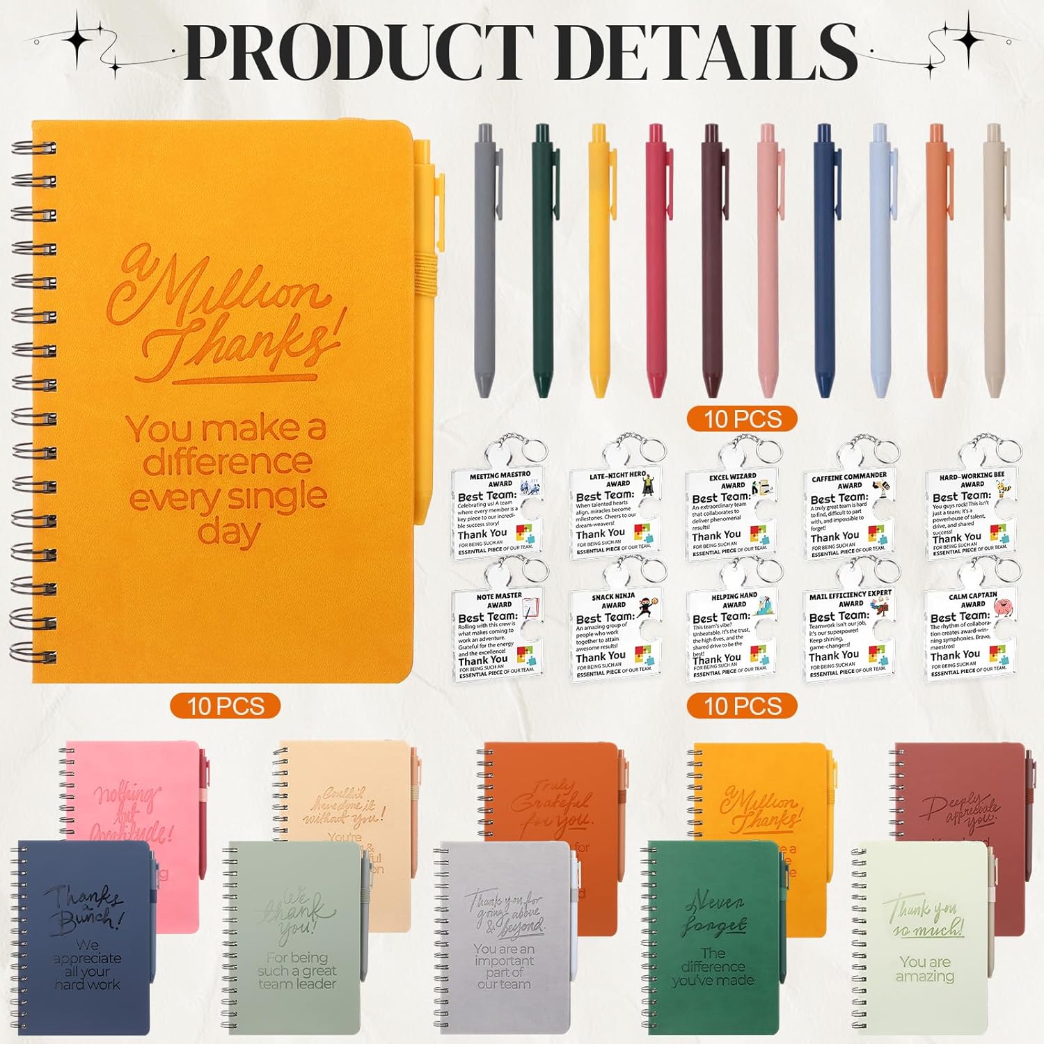 Resurhang 30 Pcs Employee Appreciation Gifts Bulk 10 Set Spiral Notebook A5 Journal, 200 Pages Assorted Colors Pens Acrylic Keychains Inspirational Office Thank You Gift for Team Coworker Colleague