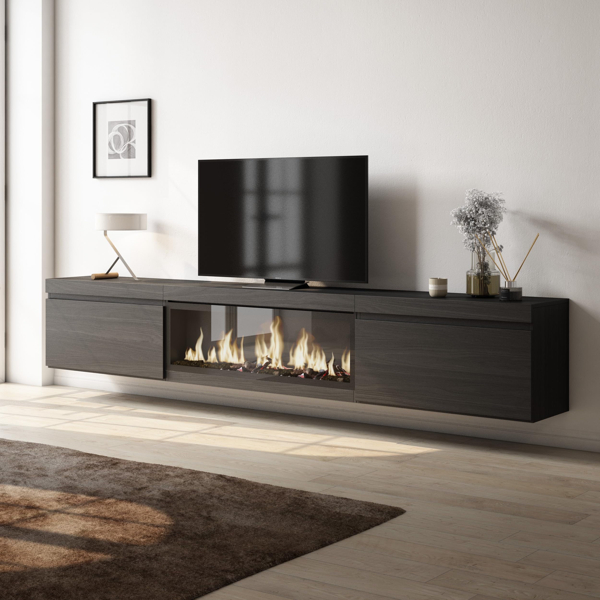 Skraut Home | Mueble TV | Televisión | Muebles de salón, almacenaje | 267x45x35 cm | para TV Gran Formato | Chimenea eléctrica XXL | Colgado, Suspendido | Estilo Moderno | Negro