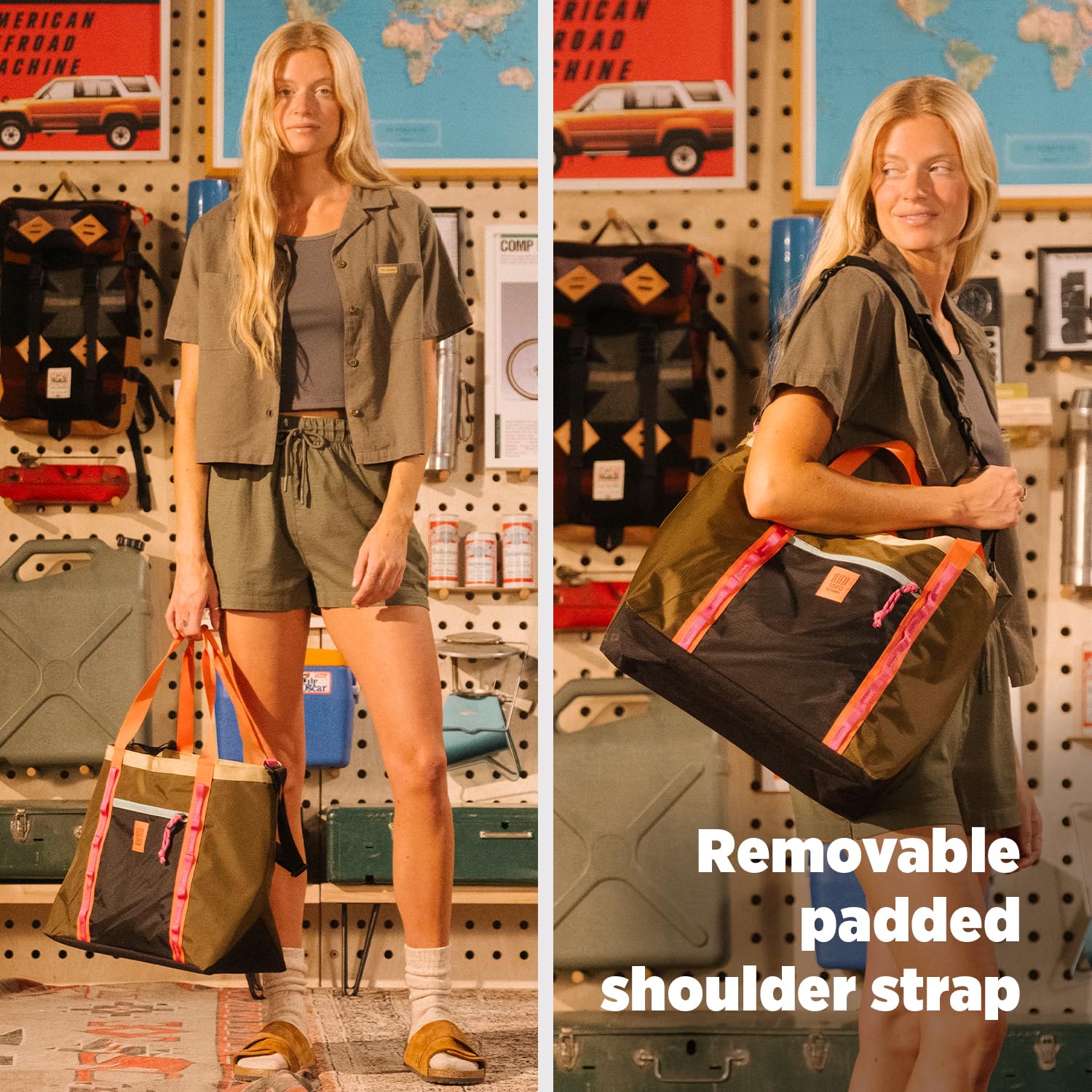 Topo Designs Mountain Utility Tote, Grab + Go Bag, abnehmbarer Schultergurt, Cinch-Top, Gänseblümchen-Kette zum Anklipsen, Fair Trade