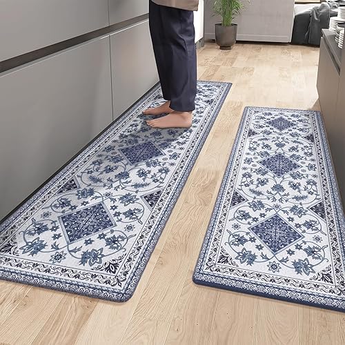ASPMIZ Boho Kitchen Rugs Sets of 2 Non Slip, Waterproof Kitchen Rugs and Mats Washable, Cushioned Anti-Fatigue Kitchen Rugs, Farmhouse Kitchen Area Rug Floor Carpet 18'' x 60'' + 18'' x 48'' Blue Boho