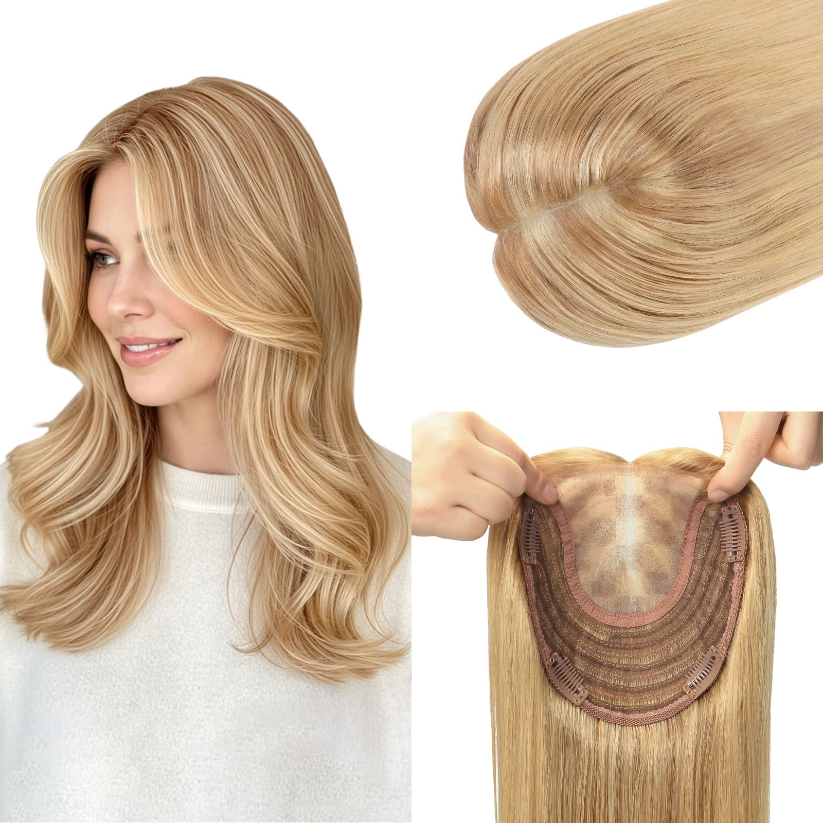 Hair Toppers for Women High Density 6x7 inch Large Base 55 grams 12 inch Golden Brown with Caramel Blonde Human with ThinningHair Cover Gray Roots(#102727 12inch)
