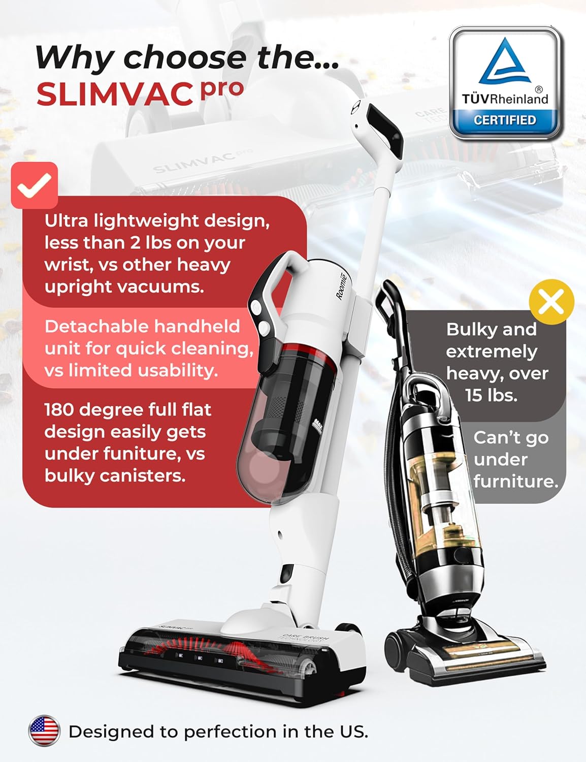 Roomie Tec SlimVac Pro Cordless Vacuum Cleaner for Home - 2200mAh Battery, High Suction Power, Lightweight, Detachable Handheld with HEPA Filter – Multi-Surface Cleaning for Carpets, Hard Floors, Cars - Image 2
