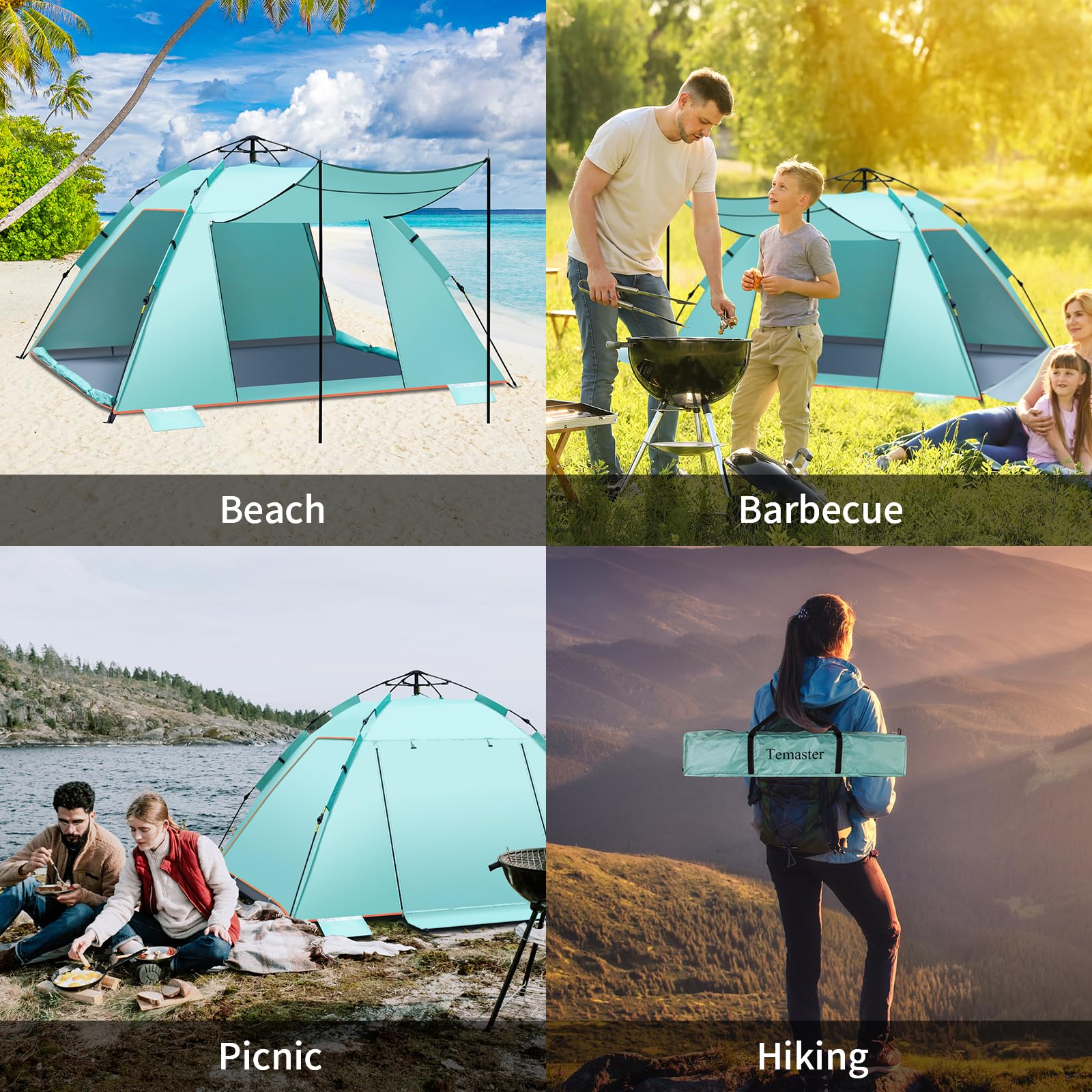 4-5 Person Instant Pop Up Automatisches Strandzelt, Extra großes tragbares belüftetes automatisches Sonnenschutz mit 3 erweiterbarer Veranda, UPF 50+ Easy Setup Strandmuschel für Picknick, Strand