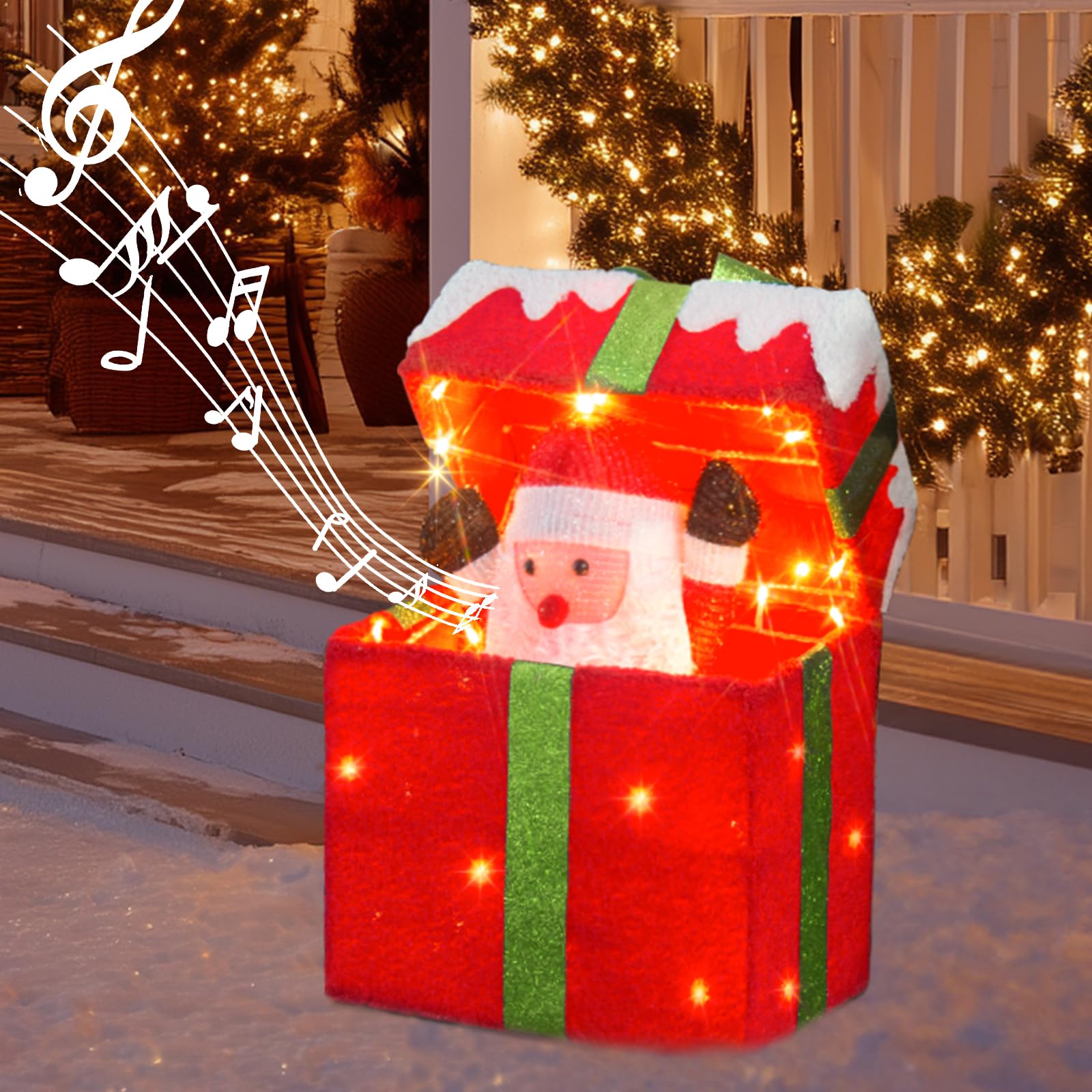 EAMBRITE Animated Xmas Santa in Lighted Gift Box, Motion Sensor Christmas Music Decorative Lights, Under The Christmas Tree Present Decorations for Indoor Outdoor Yard Home Holiday Decor