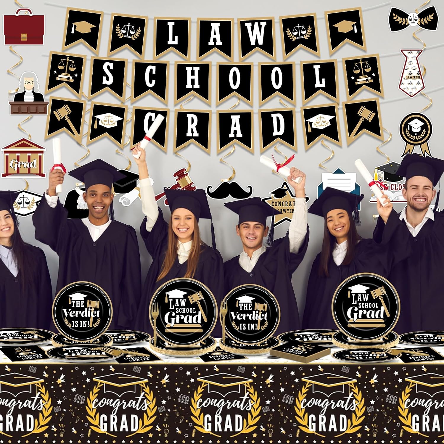 116PCS Law School Graduation Decorations Congrats Lawyer Grad Paper Plates Napkin Tablecloth Hanging Banner Swirls Law Themed Tableware Table Cover Supplies for Graduation Party Classroom Supplies