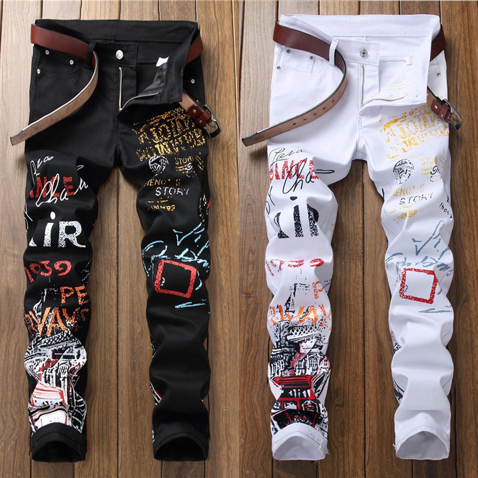 Jeans Pantalon Denim Moto Bianco Nero Bike Straight Jeans Uomo Hip Hop Punk Rock Streetwear Pantaloni Jeans strappati Slim Fit Stretch Jeans Stampa Denim Pantaloni Bootcut Jeans Uomo