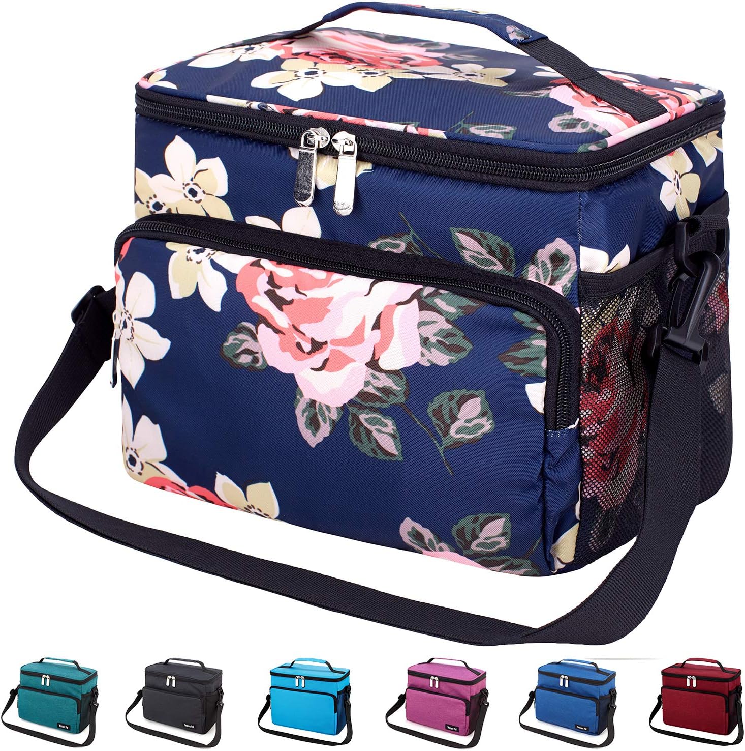 Venture Pal Leakproof Reusable Insulated Cooler Lunch Bag - Office Work Picnic Hiking Beach Lunch Box Organizer with Adjustable Shoulder Strap for Women,Men-Blue Peony