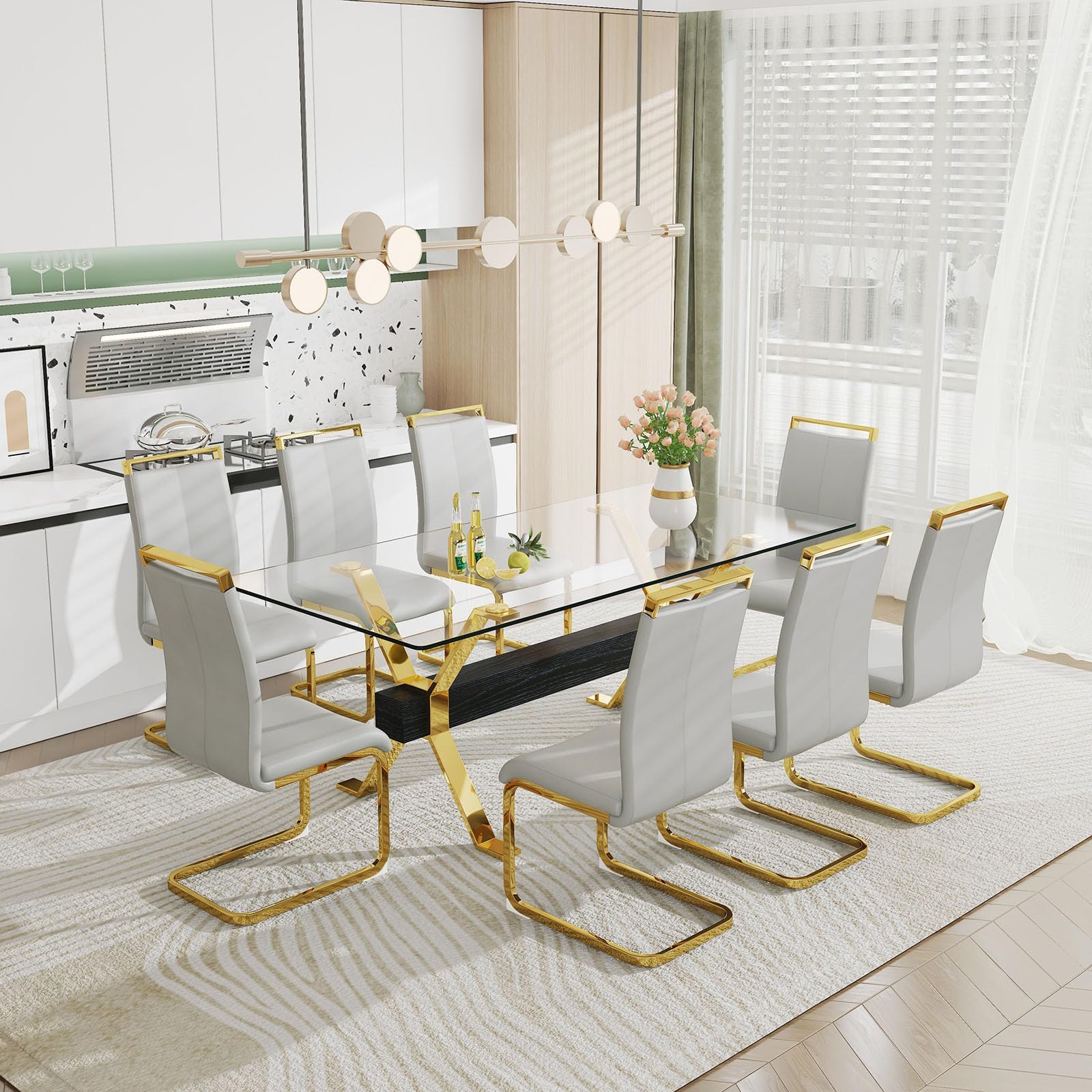 Pvillez Glass Dining Table Set for 8, 9 Piece Dining Room Table Set,78" Modern Large Glass Kitchen & Dining Room Table w/Golden Metal Legs & Black MDF Crossbars &8 Light Grey PU Leather Dining Chairs
