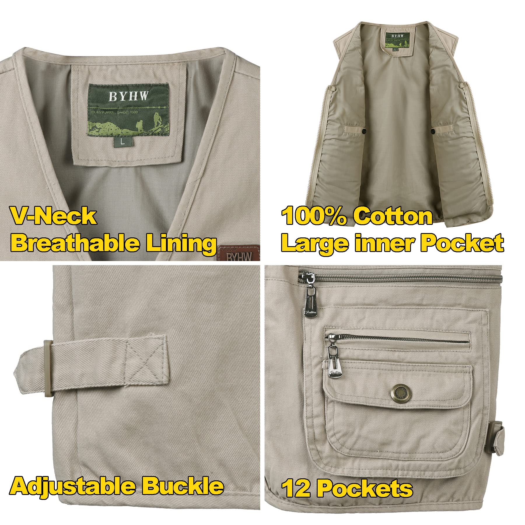 Chaleco de Pesca para Hombre con Multibolsillos Chaleco de Fotografia Caza Algodón Chaquetas sin Mangas Tipo Safari