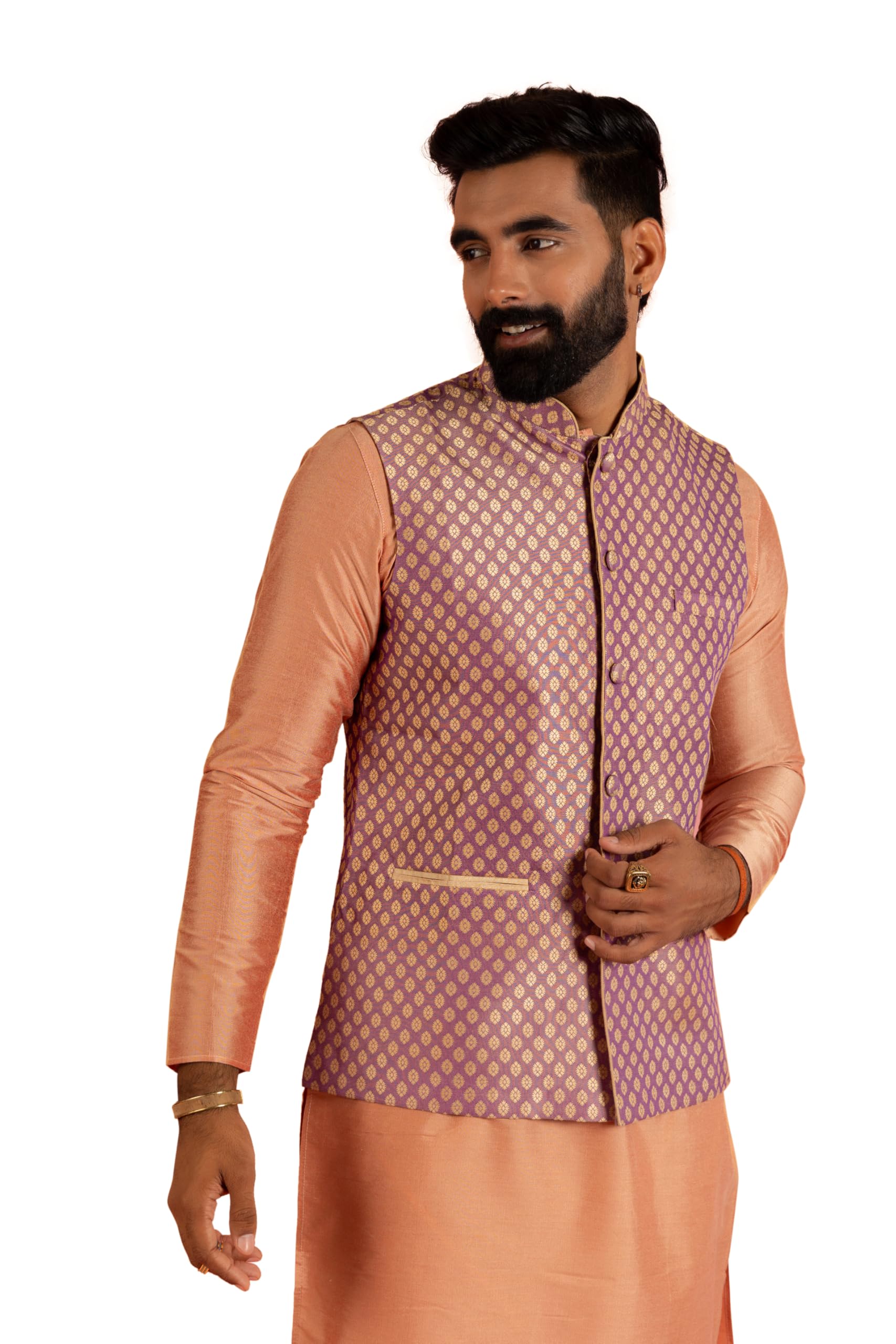 Men's Nehru Jacket, Magenta Silk Blend, Jacquard Regular Fit Mandarin Collar Long Sleeves-image-4
