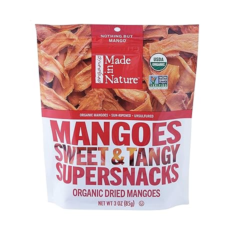 Made in Nature Organic Dried Mangoes, Non-GMO, Gluten Free, Unsulfured, Vegan Snack, 3oz (Pack of 1), Packaging May Vary
