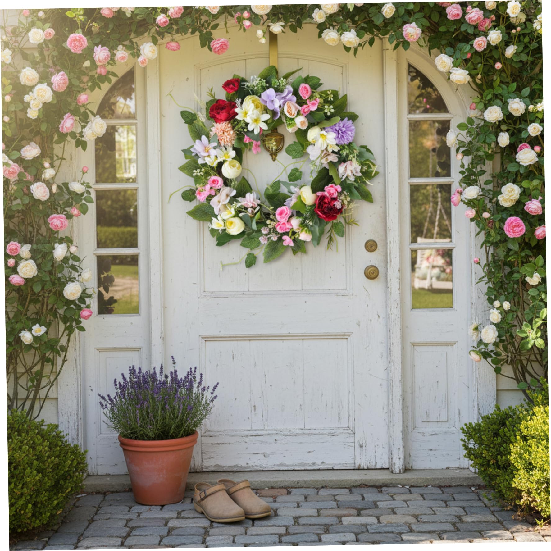 Ghirlanda floreale Ghirlanda di fiori di seta artificiale da 16 pollici con peonia e giglio per decorazioni per la casa tutto l'anno, fiori