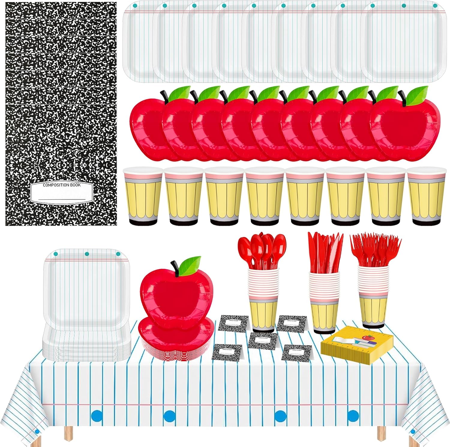 152 Pcs Preschool Kindergarten Graduation Party Decoration Tableware Set Apple Paper Plates Napkins Cards and Tablecloths for Classroom Pre K, Back to School Decorations