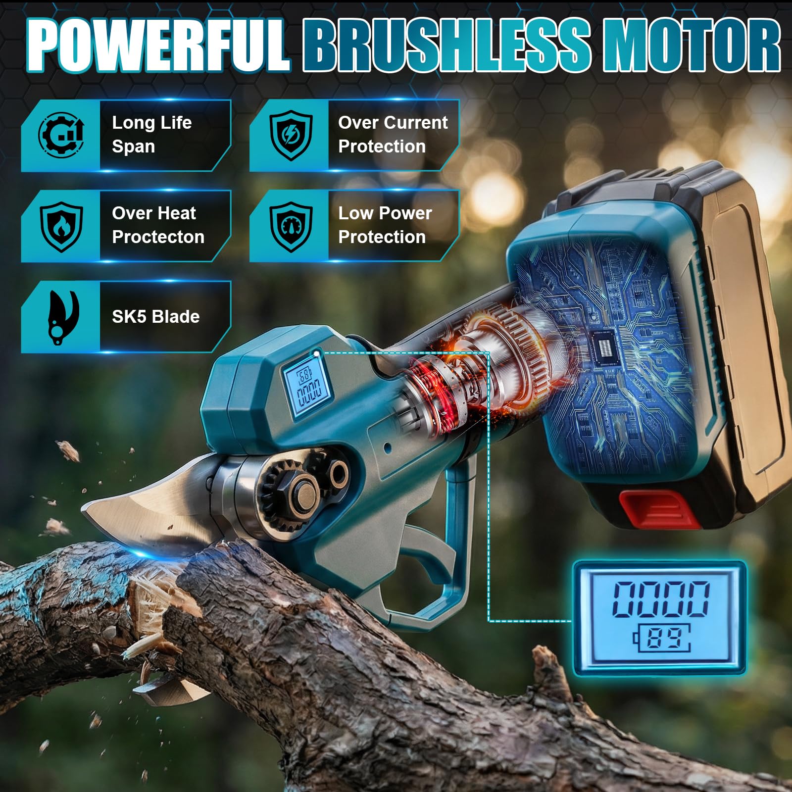 Sécateur Électrique Sans fil Compatible avec Makita 18 V, 30mm Secateur à batterie avec 2x2000mAh Batteries, LCD, Bürstenloser Motor, Ersatzklingen, pour branches, arbustes et troncs
