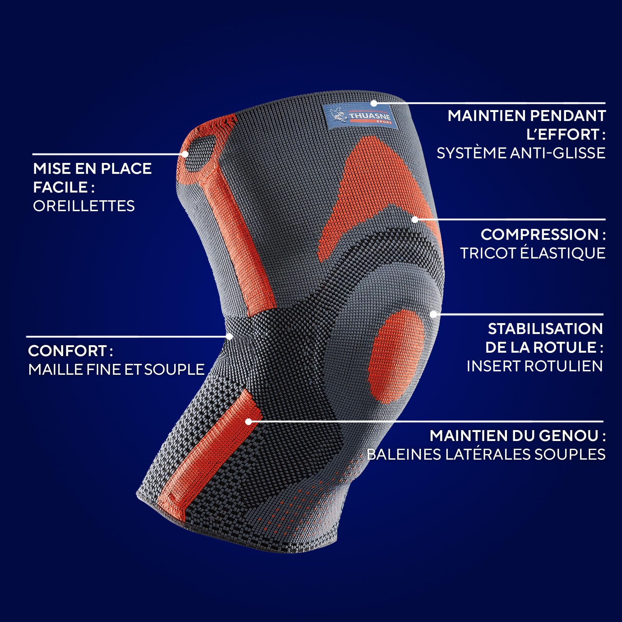 Thuasne Sport - Genouillère Rotulienne Renforcée -Tendinopathie, Instabilité Rotulienne Légère - Tricot Compressif - Indice de Maintien 2/3 - Dispositif Médical CE