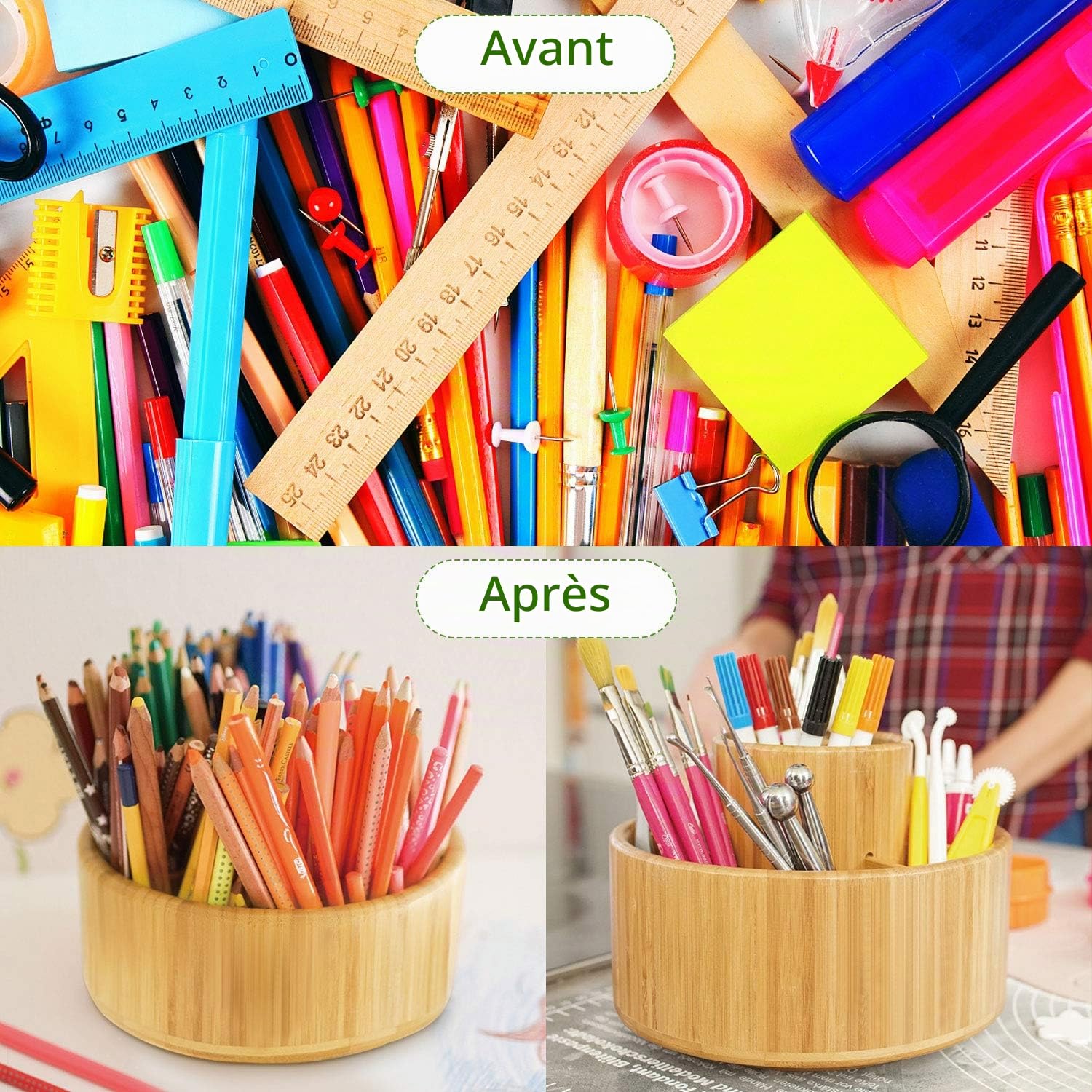 Utoplike Pot a Crayon de Bureau Rotatif à 360 Degrés en Bambou | Pot à Crayon en Bois pour Fournitures Artistiques, Pinceaux, pour Classe, Studio D'Art et Bureau