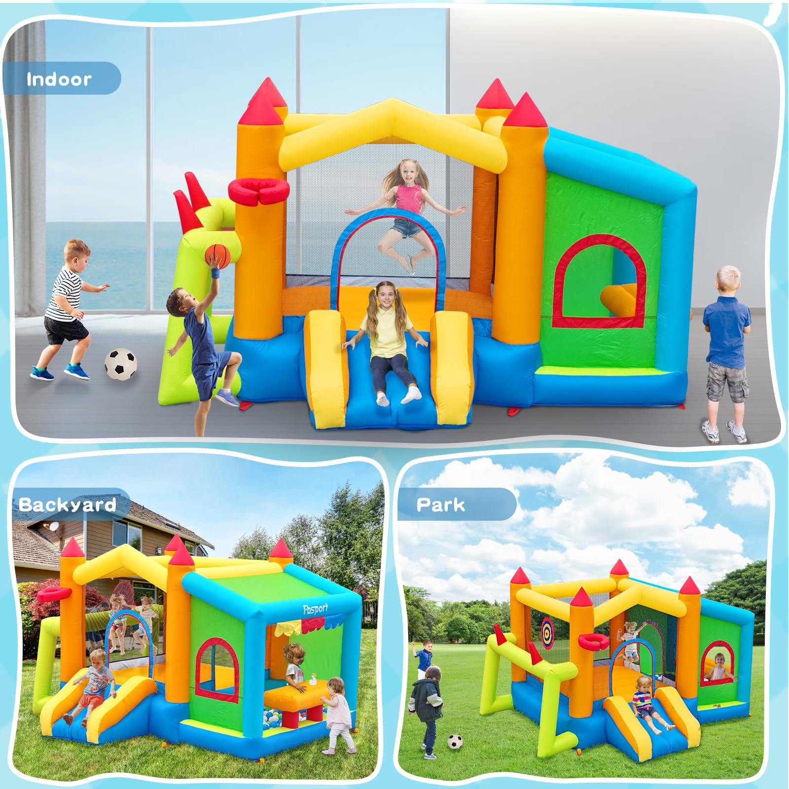 FBSPORT hüpfburg Outdoor mit gebläse hüpfburg mit Wasserrutsche Indoor, hüpfburgen Kinder Kinder Bounce Castle mit Ball Pit Pool, Basketball Reifen, Dart Spiel