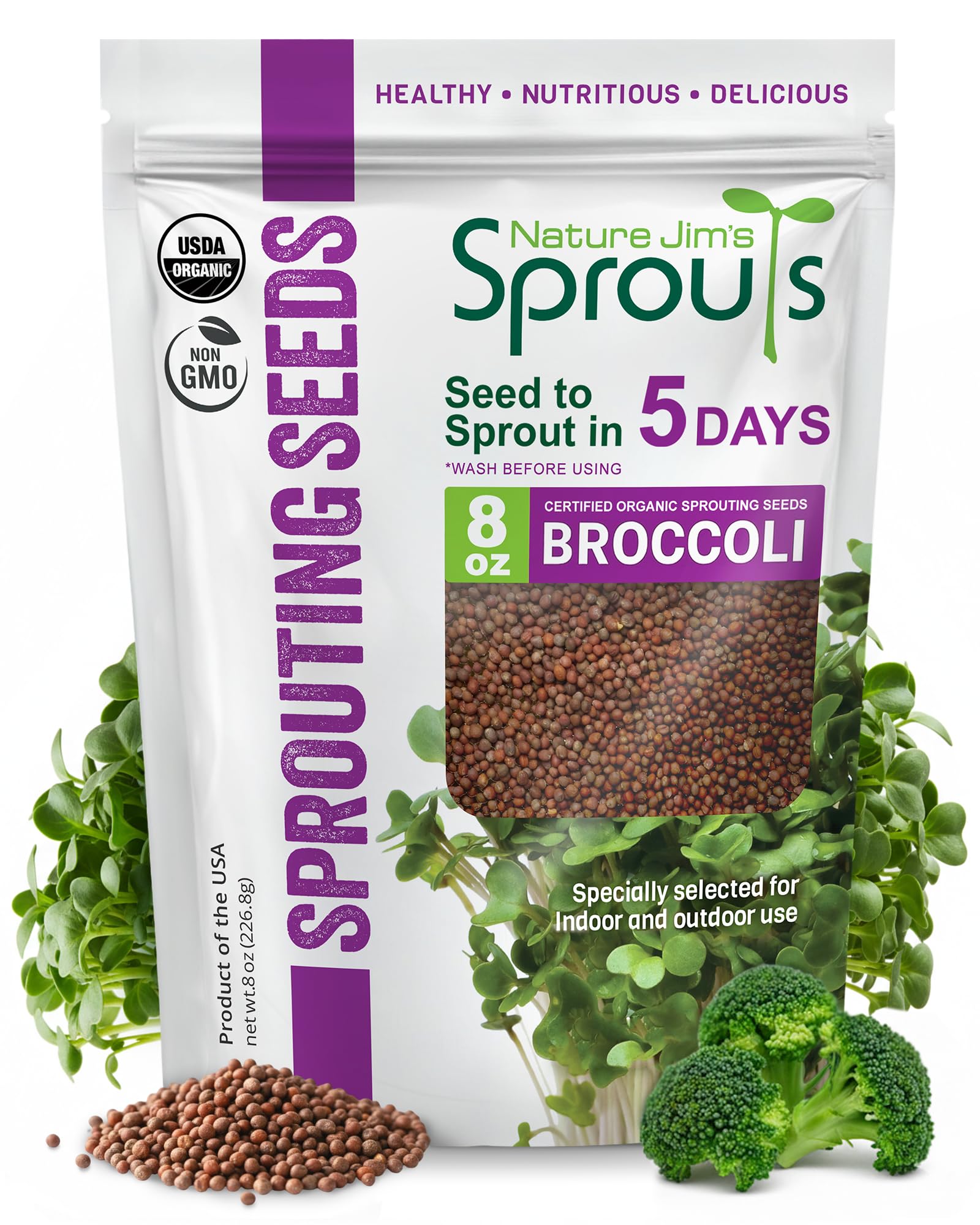 Nature Jims Sprouts Organic Broccoli Seeds for Sprouting – Certified Non-GMO, Rich in Sulforaphane, Swift-Growing Microgreen Seeds for Nutritious Broccoli Sprouts – Ideal for Indoor/Outdoor Use – 8oz
