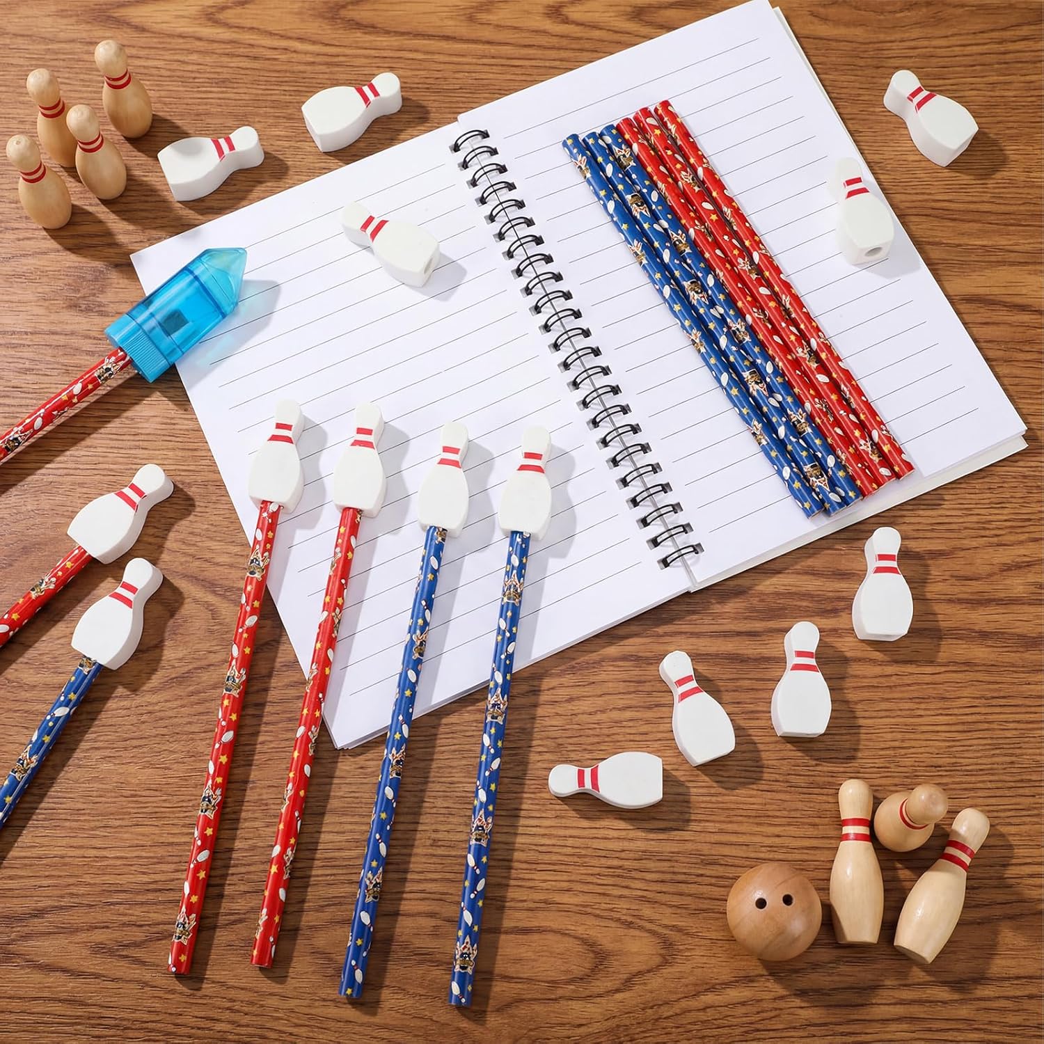 Motiskyy 36 Sets Bowling Party Favors Include 36 Wooden Bowling Pencils and 36 Erasers Sports Themed Gifts for Students Teachers Reward Birthday Party Decoration Office Classroom Supplies
