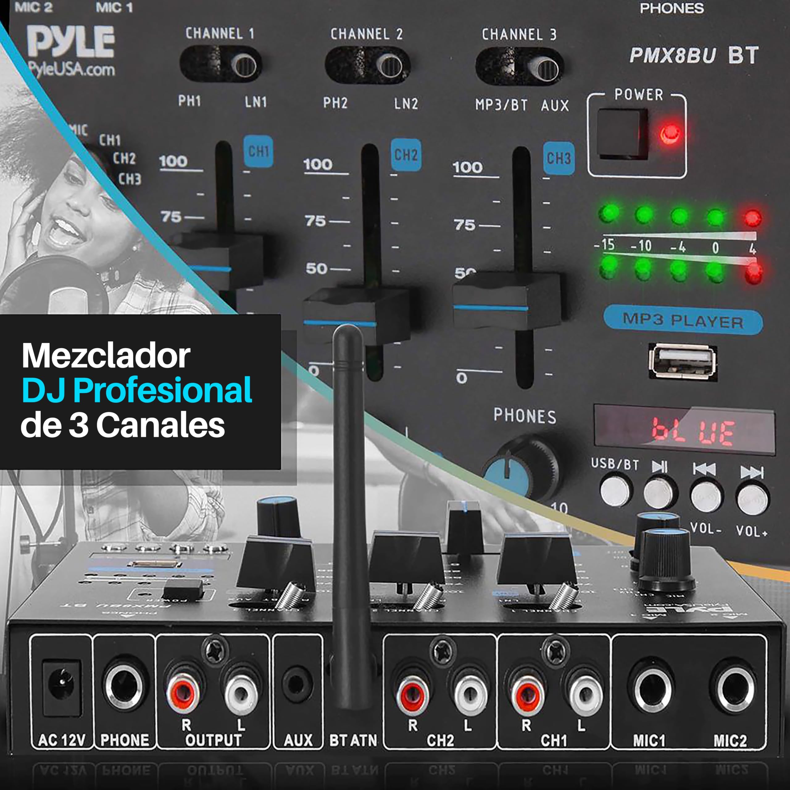 Pyle Mezclador de Audio para DJ, 3 Canales, Bluetooth, Lector de USB, Dual RCA/Phono, Entrada de microfono, Conector para Auriculares