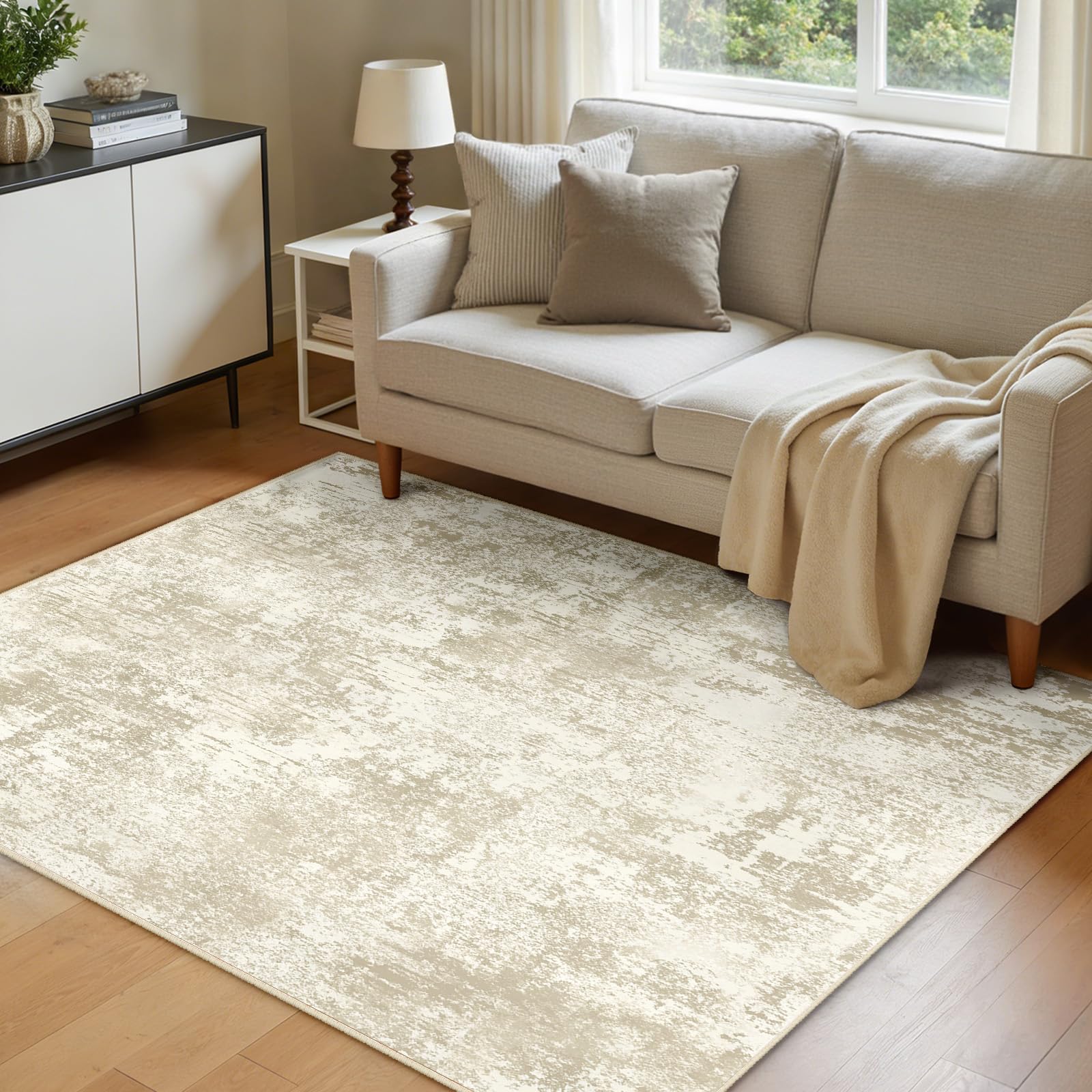 INOVADAY Washable Rugs Living Room 120x180 cm Modern Abstract Rug with Soft Low Pile Vacuum Friendly Non Slip Backing Minimalist Carpet for Lounge Bedroom Dining Room Home Office Beige โ image 1