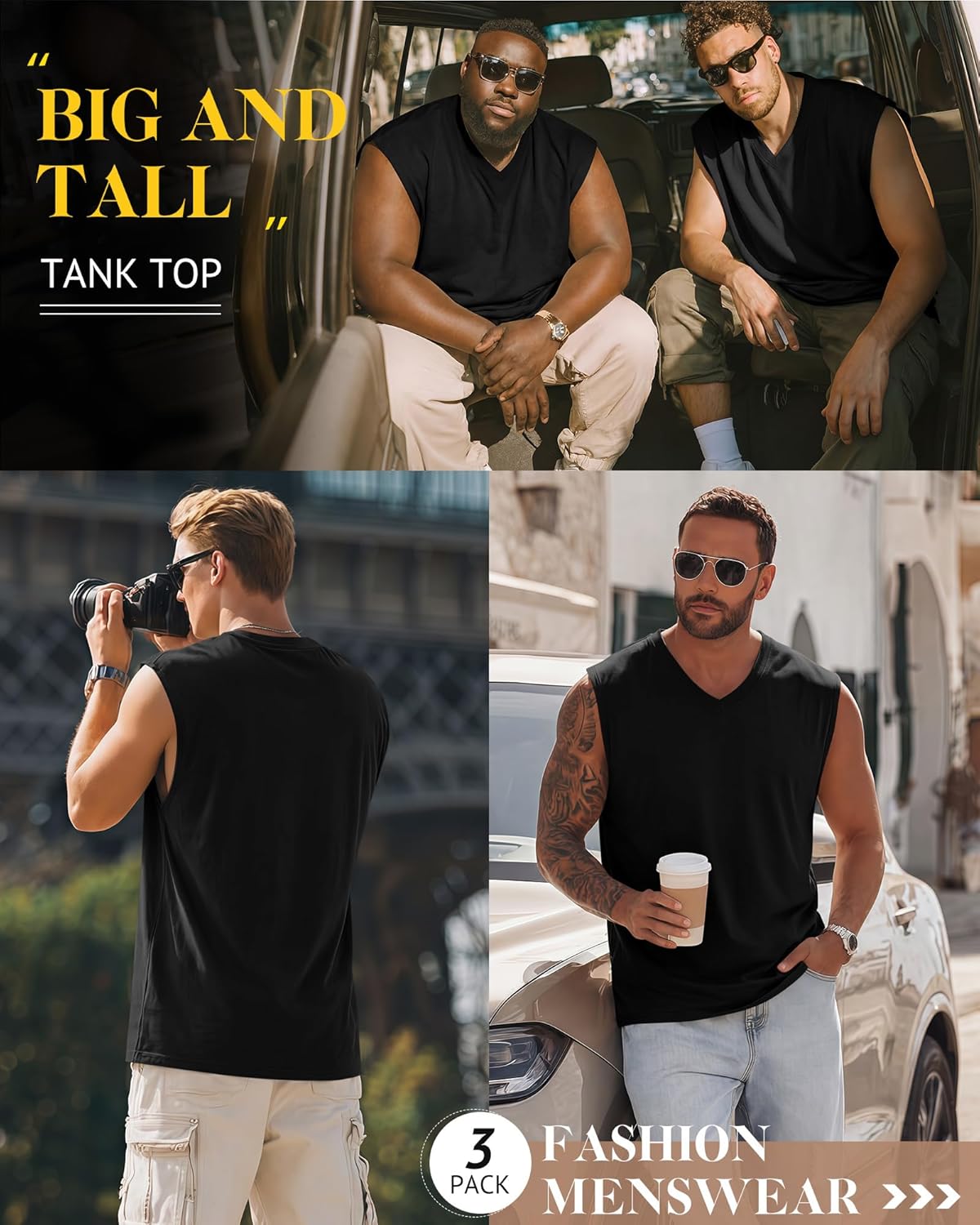Evervibe 3 Pack Mens V Neck Tank Tops 95% Cotton Sleeveless Big and Tall Muscle Cut Off Shirts Gym Workout Tee