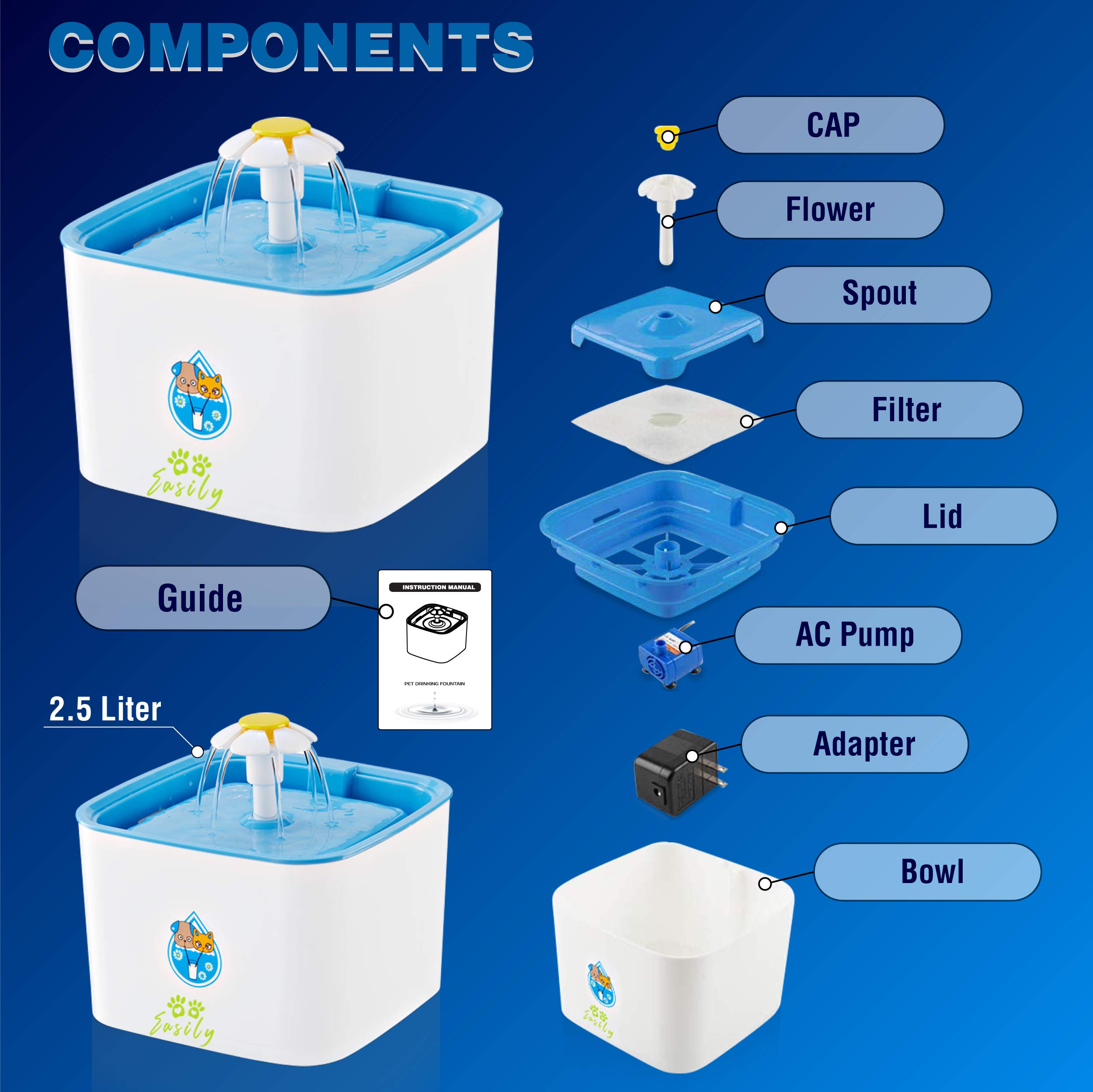 Easily Fontanella per Gatti, Cani e Animali Domestici, Filtro a Carboni, Grande capacità 2.5L, Automatica, 3 Giochi d'Acqua,silenziosa, Bassi consumi