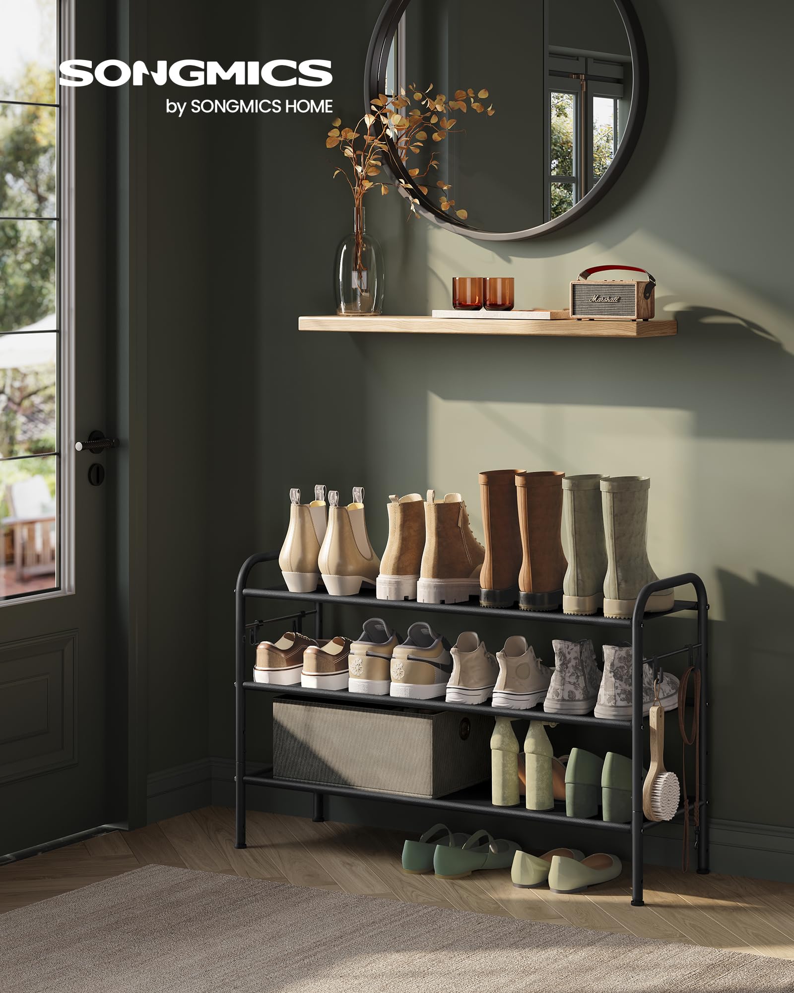 SONGMICS Shoe Rack, 3-Tier Shoe Organiser, Fabric Shoe Shelf Storage with 4 Hooks, Holds up to 15 works of Shoes - Image 2