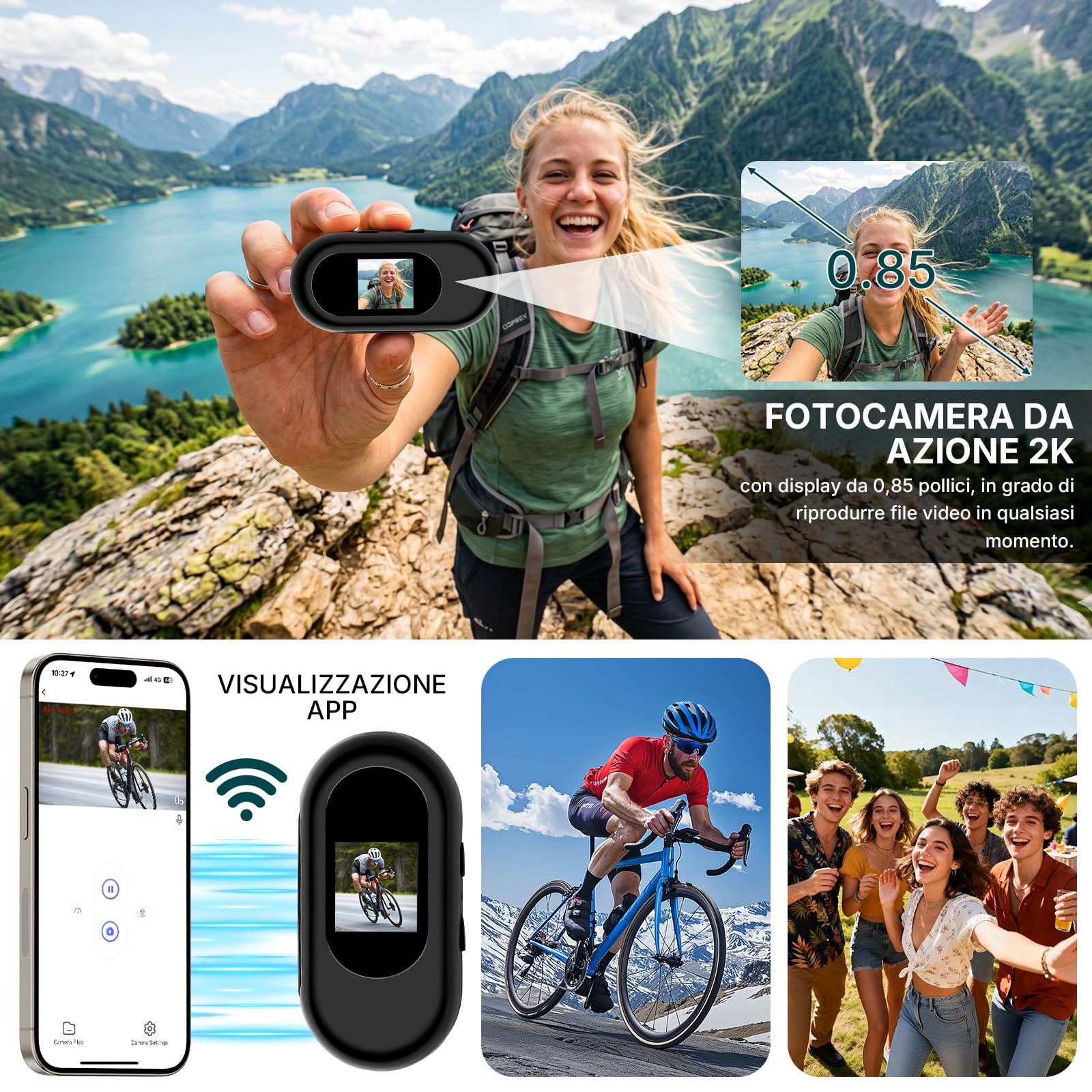 Action Camera Wi-Fi 2K, Mini Action Cam, Action Camera Tascabile | Action Camera da Casco con Attacco Magnetico e Display da 0,85 Pollici per Casco e Bicicletta, WiFi, Nera