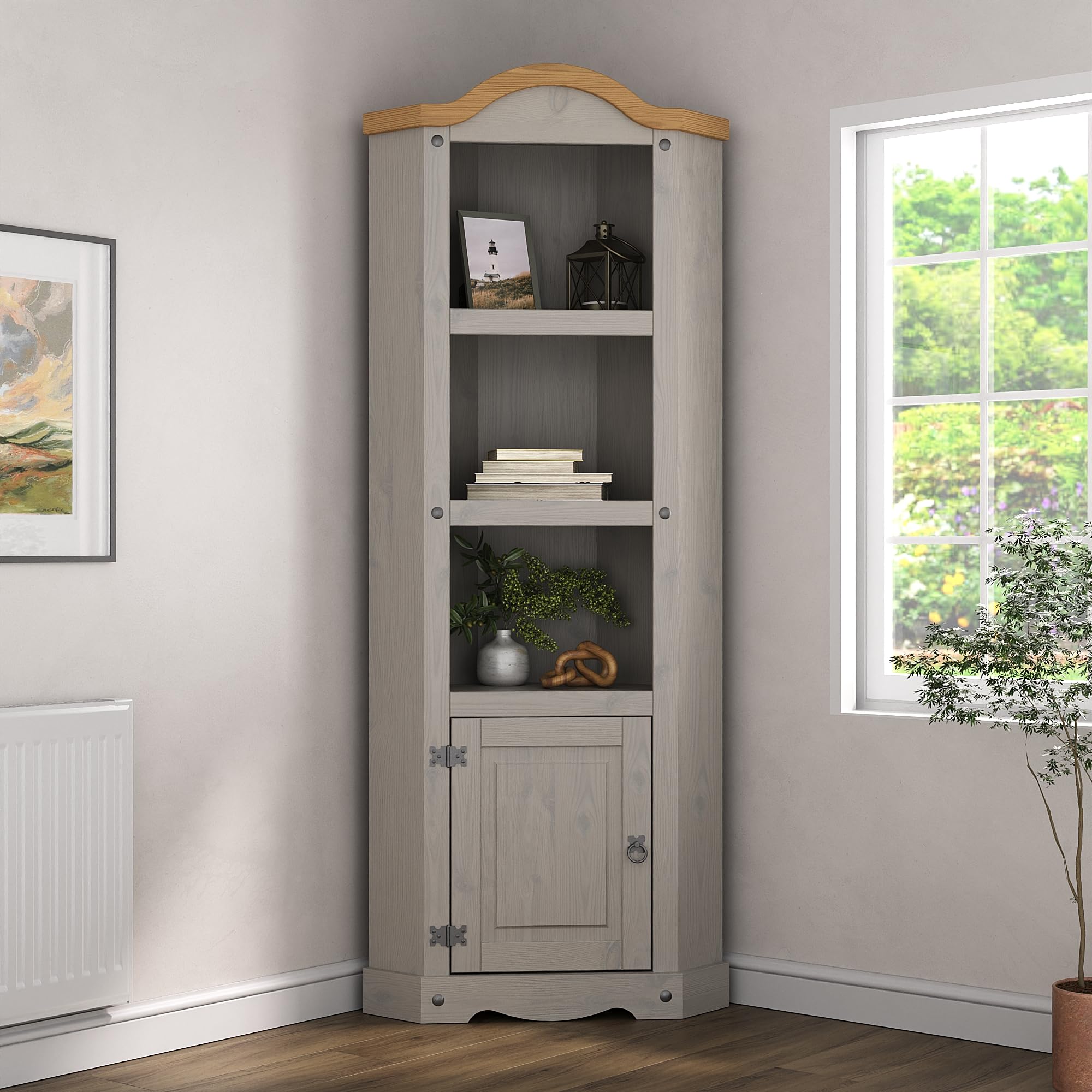 Mews Grey Corona Corner Display Bookcase Unit Mexican Solid Pine