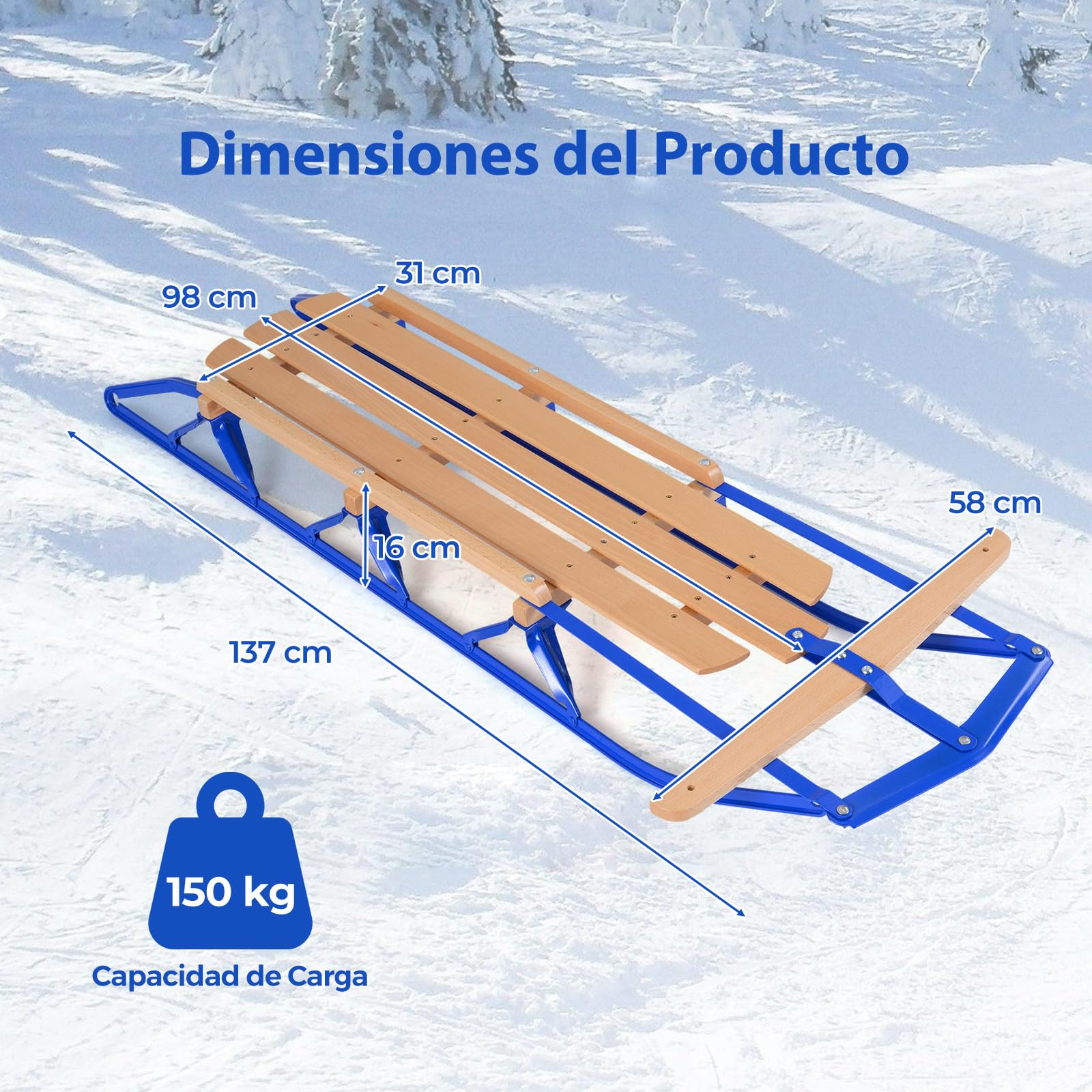 COSTWAY Trineo de Metal con Patines, Trineo de Acero y Madera con Barra de Dirección para Deslizarse en la Nieve, para Adultos y Niños Más de 5 años, Capacidad de 150 kg, 137 x 58 x 16 m
