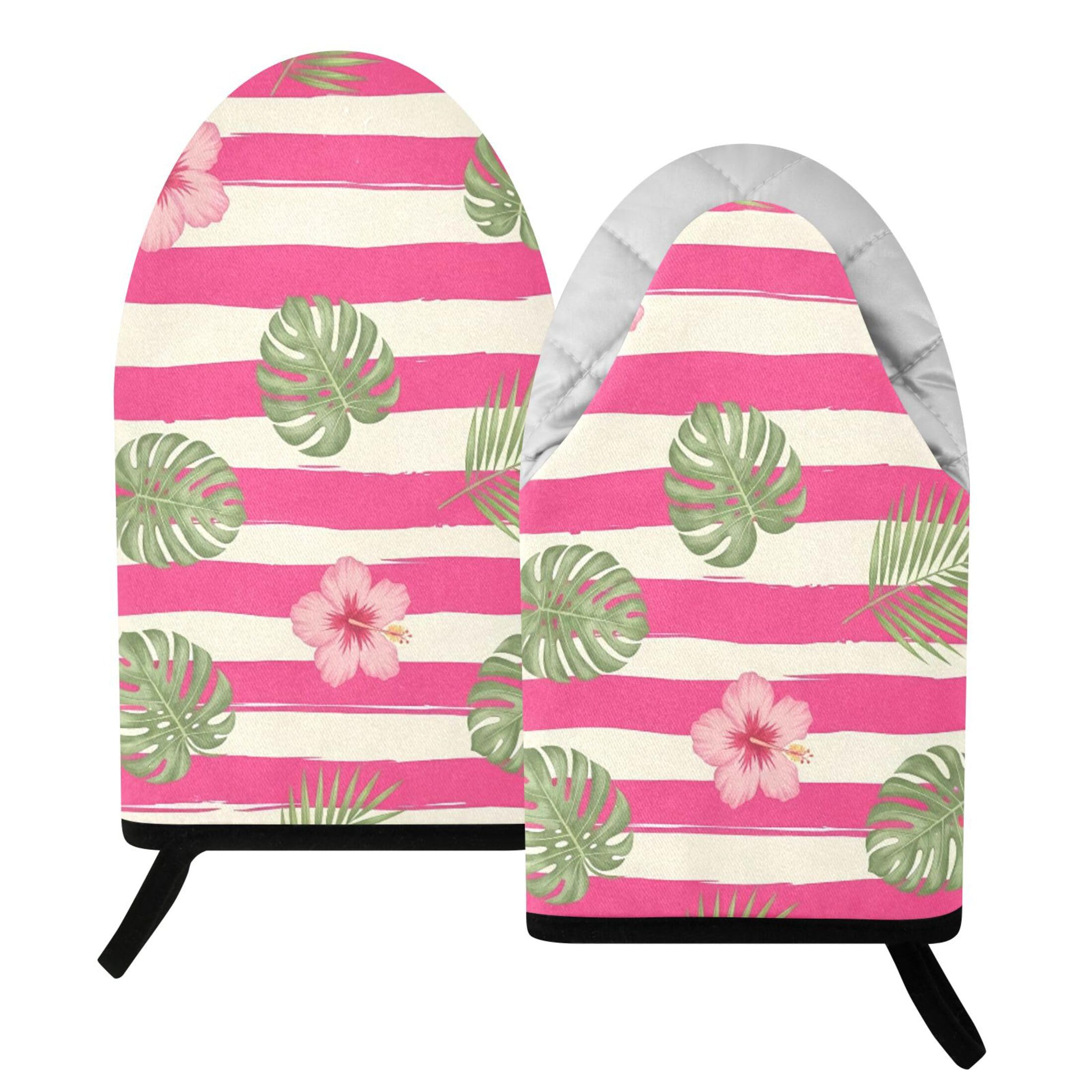 Fuauuyl Oven Mitts Heat Resistant Kitchen Gloves, Hibiscus Monstera Leaves Classic Oven Gloves with Hanging Loop for Baking BBQ Cooking Grilling, 1 Pair, 9.5 in