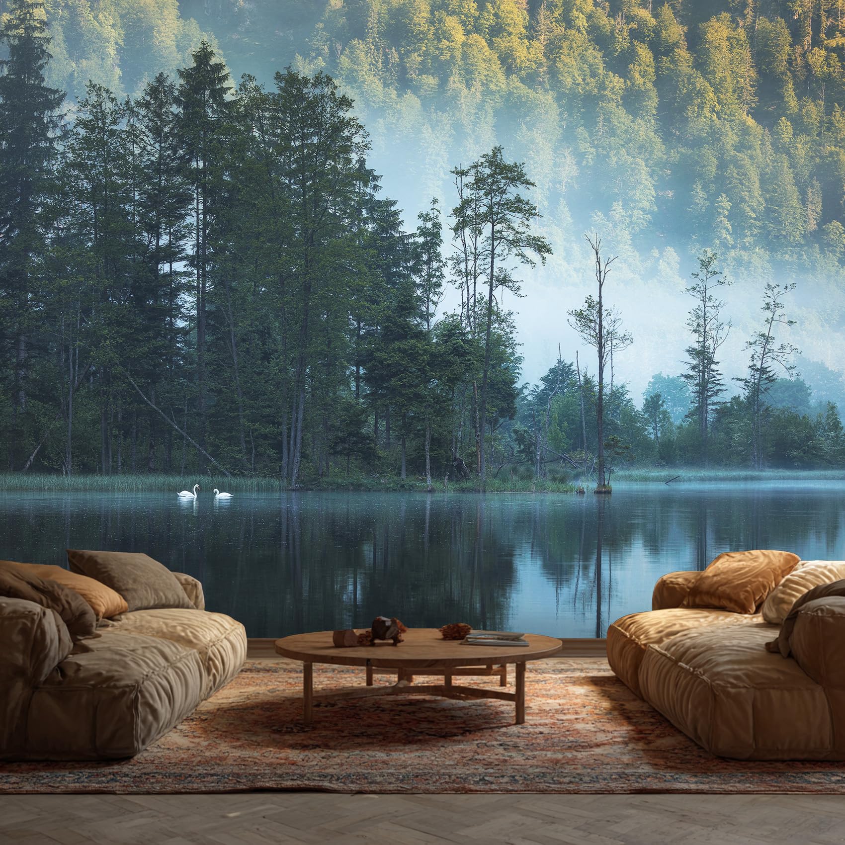 Forest Wallpaper, Wildlife Landscape Tree Lake Wallpaper Murals, Forest Room Decor Wall Art for Bedroom Kitchen Living Room 500L x 350W cm