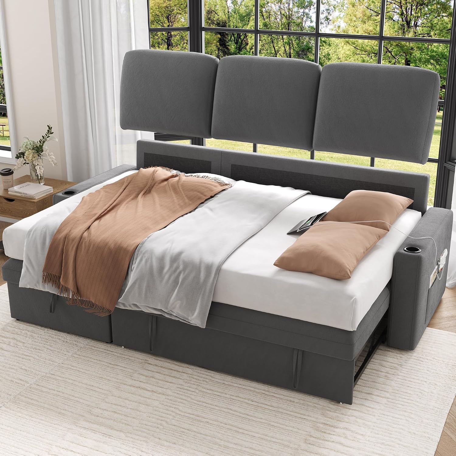 Keyluv 87" Pull Out Sleeper Sofa Bed Reversible Sectional with Charging Station Velvet Dark Gray