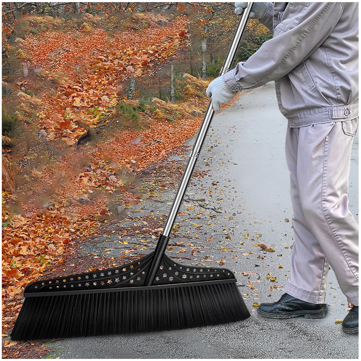 Scopa angolare resistente per esterni, con setole rigide con manico lungo 50,8 cm di larghezza, 129,5 cm, perfetta per vialetti, cortili, aree industriali, hall, centri commerciali, garage, legno,