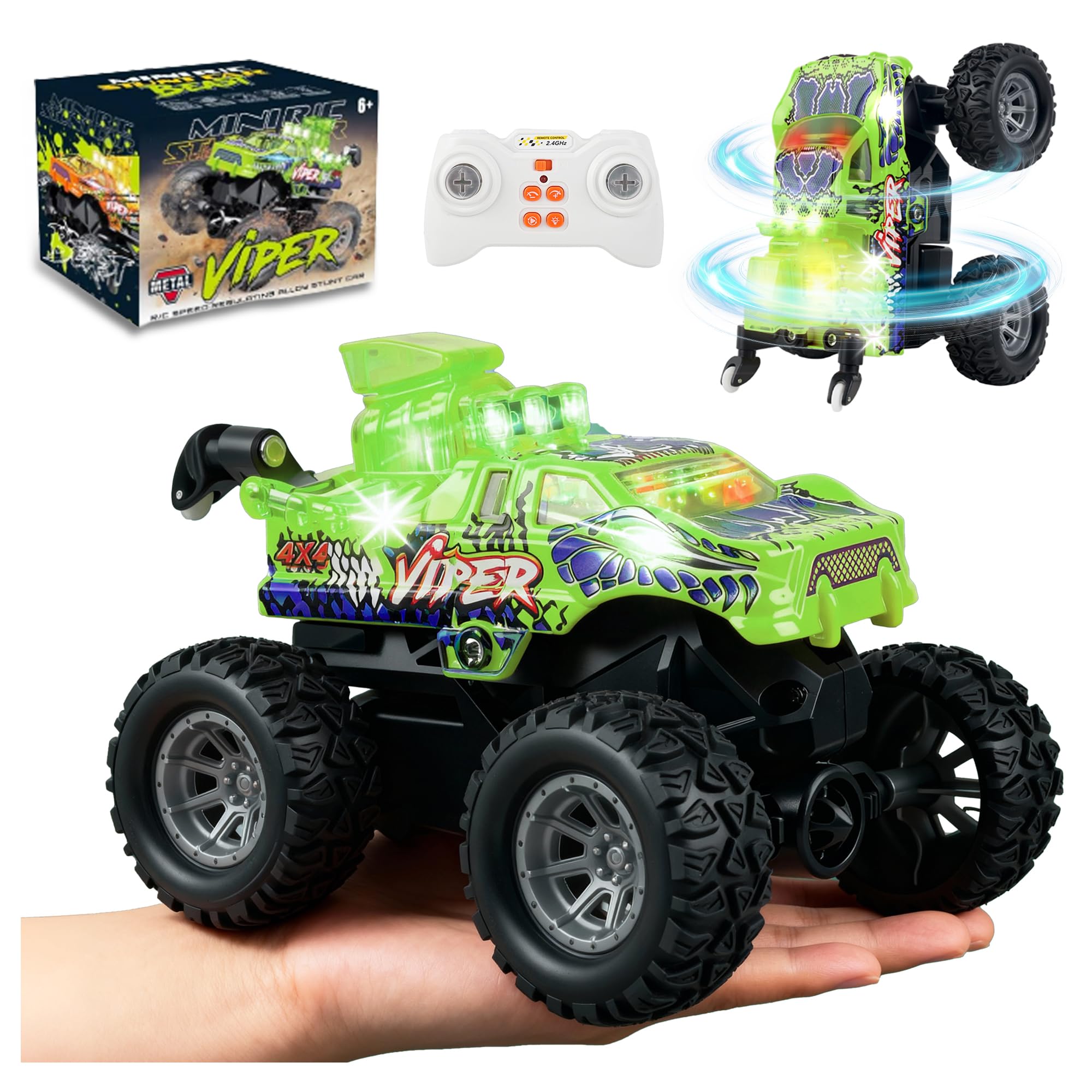BEZGAR Monster Truck Toys - 2.4GHz 1:64 Remote Control Car with Colorful Lights, 360° Spins, Metal Shell - Remote Control Monster Truck for Boys Girls Age 6, 7, 8, 9, 10 Years Old(Green)