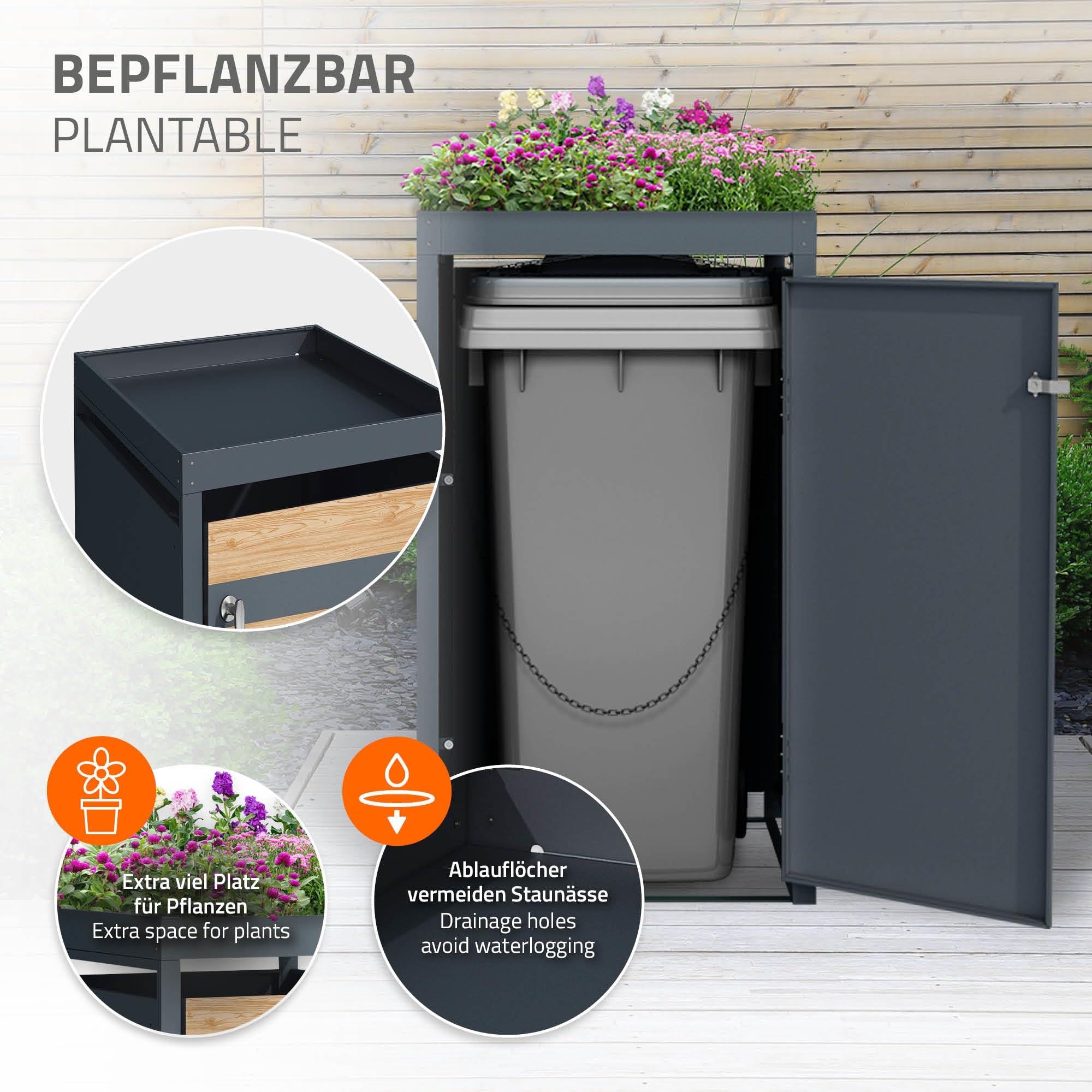 ML-Design Box pour 1 Poubelle avec Toit Végétal, jusqu'à 240L, 68x80x124 cm, en Acier, Anthracite/Aspect Mélèze, Résistant aux Intempéries, Habillage de Poubelle Verrouillable, Conteneur Abri Hangar
