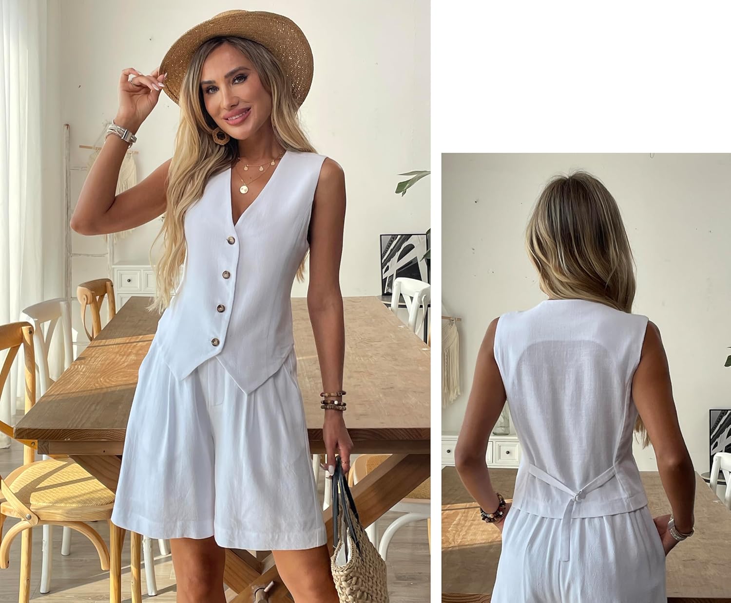 heipeiwa Women's Cotton Linen Vest Button Down Sleeveless V Neck Tank Tops Waistcoat Jacket - Image 2