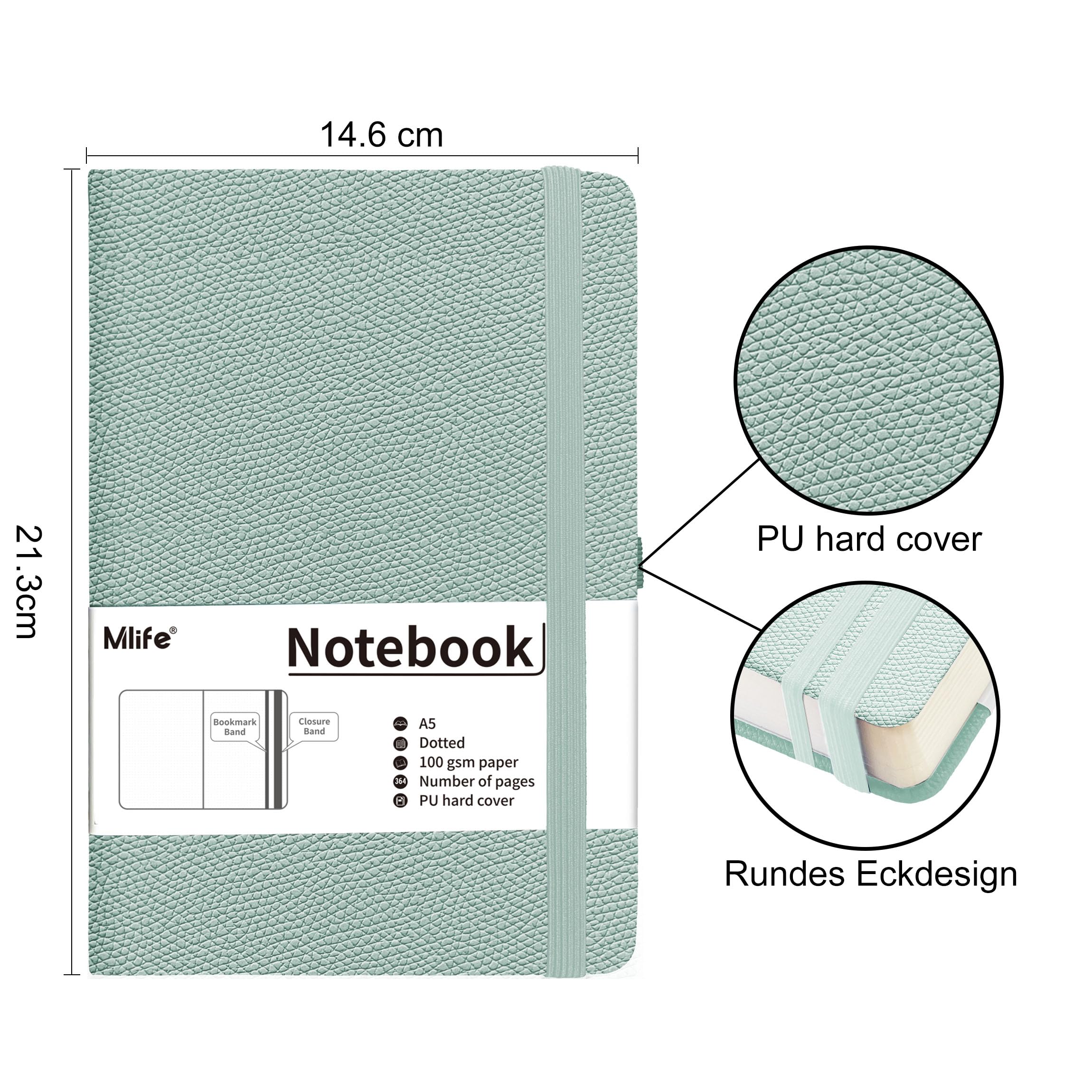 Mlife Cuaderno Punteado A5, 360 Páginas Y 100 G/M² De Papel Resistente A La Tinta, Cuadernos Con Bolsillo Plegable Para La Oficina, La Escuela, El Hogar, La Escritura Y Notas (Verde orquídea)