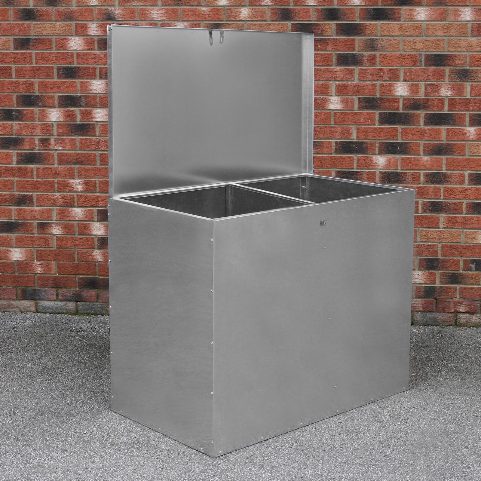 Grand Bac de Rangement Boite 64 L en métal galvanisé étanche anti-rongeurs pour extérieur, ferme, jardin, écuries verrouillables pour animaux | 2 compartiments