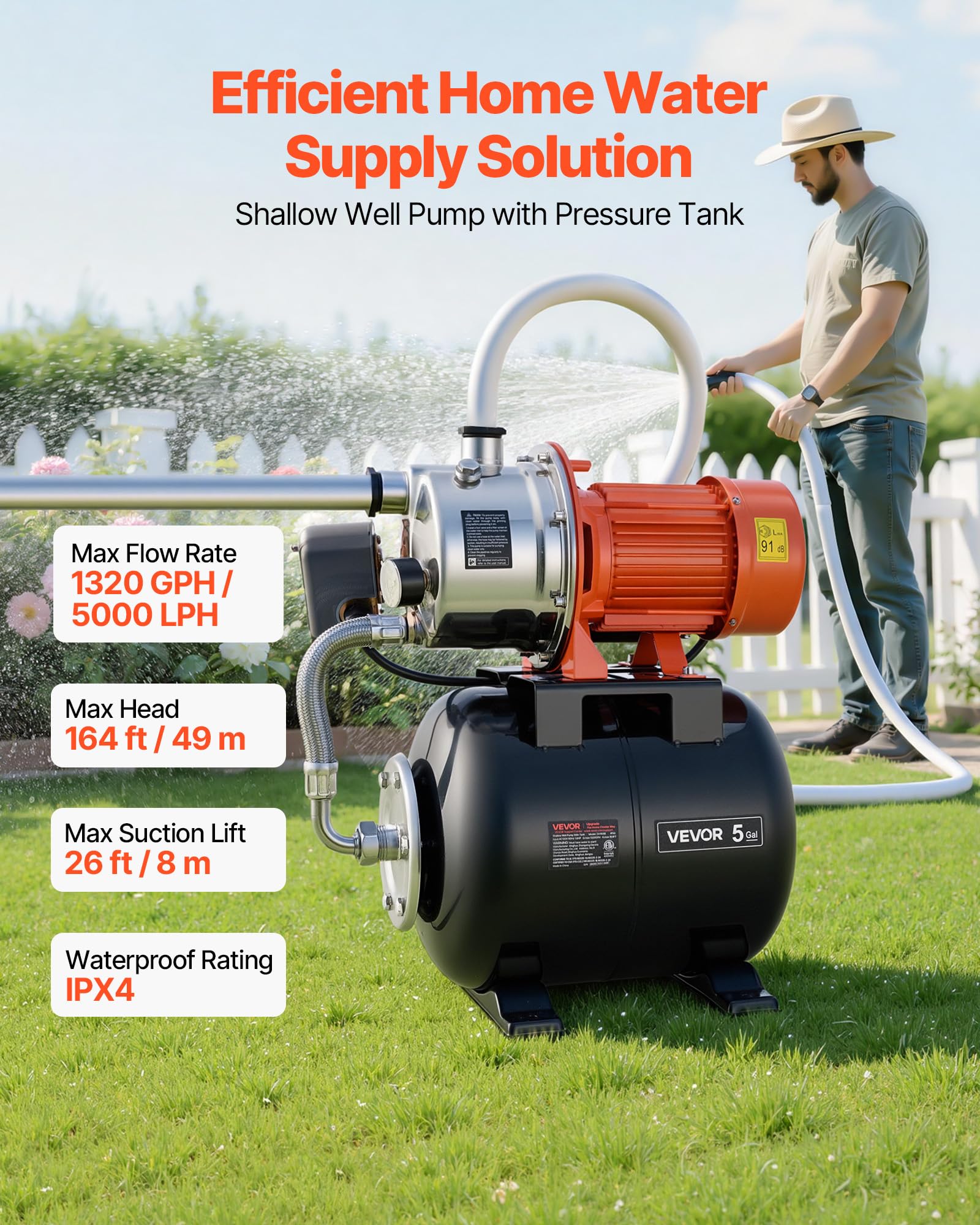 VEVOR Groupe de Surpression 1176 W 19 L Pompe avec Réservoir de Pression | Pour Puits Peu Profonds Jardin et Pelouse, 5000 L/h, Tête de Pompe Acier Inox, avec Surpresseur Auto, Pressostat 1,4-2,8 bar