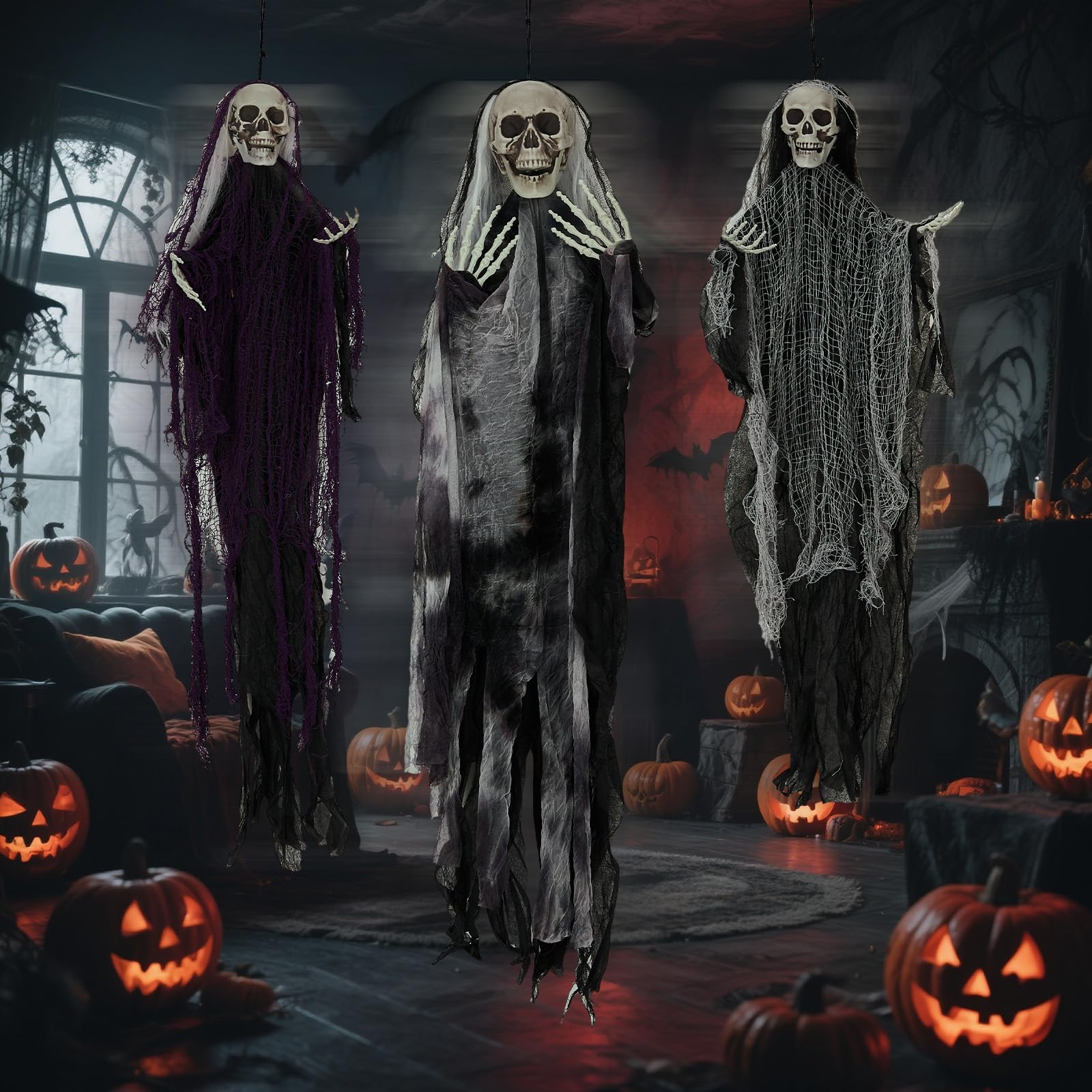 VINGLI 3 Pack Hanging Halloween Skeleton Ghosts Decorations Outdoor Grim