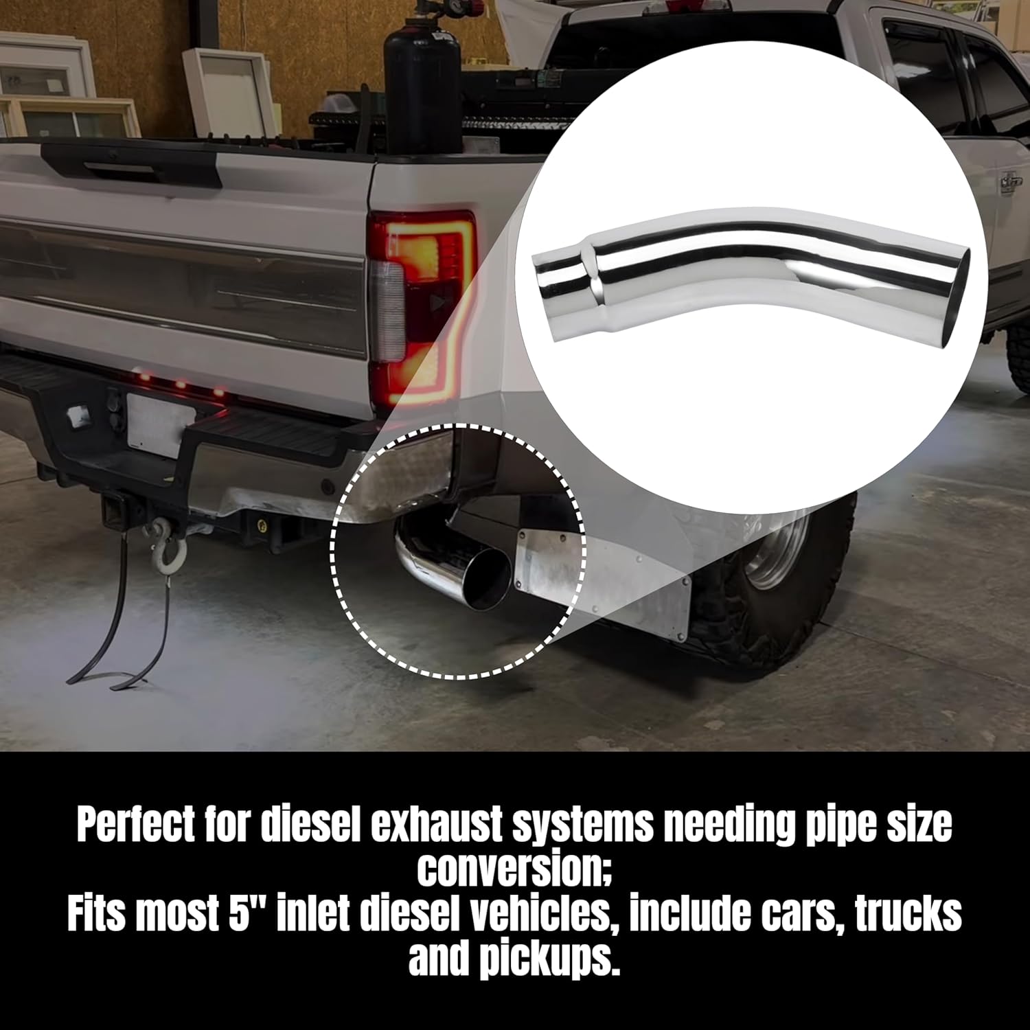 5 Inch Diesel Exhaust Elbow Tip, 5" Inlet to 6" Outlet, 23" Long Chrome Exhaust Pipe Elbow 2pcs 5'' Exhaust Clamps