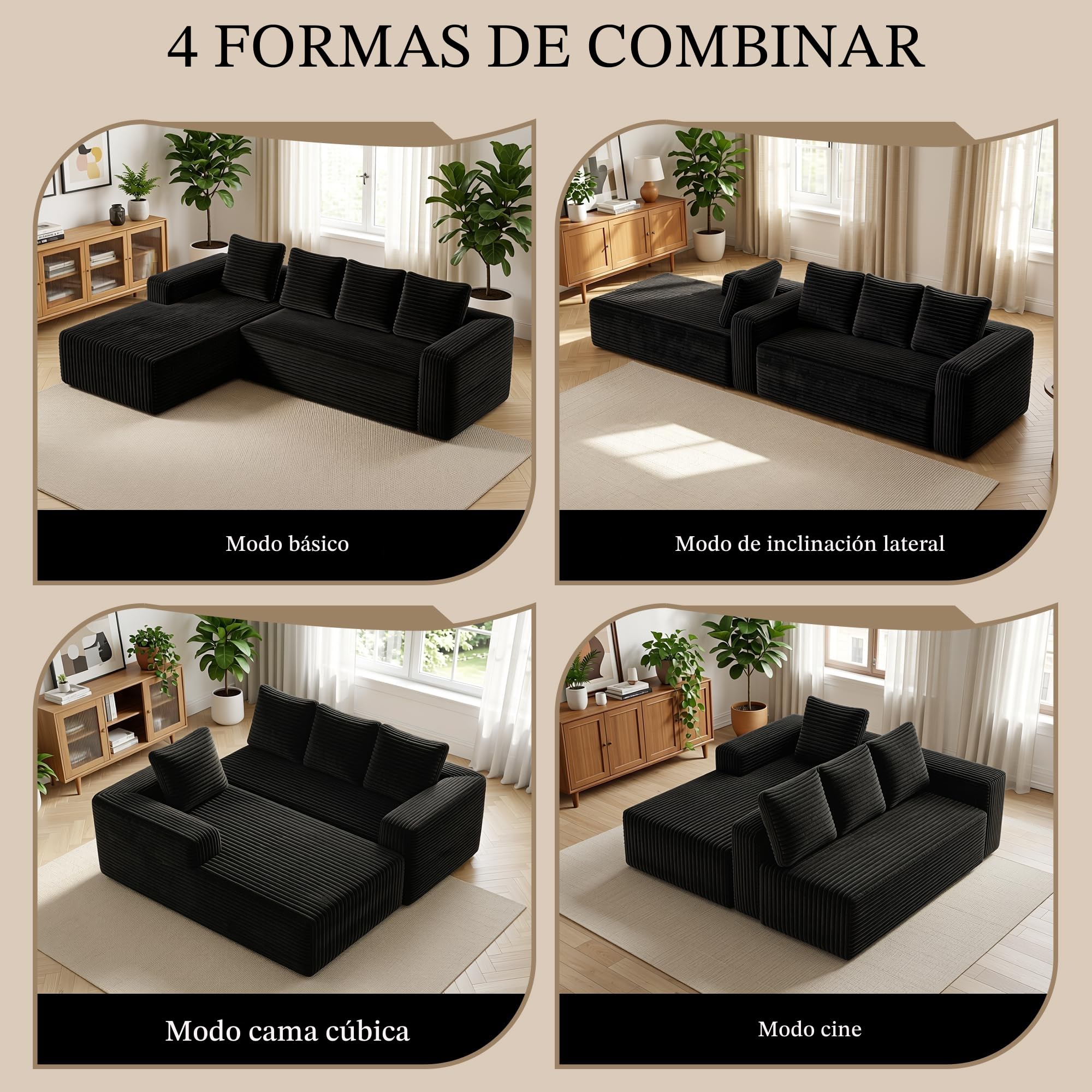 Sofá esquinero en forma de L, sofá de 4 plazas con meridiana y 4 cojines, sofá de pana, sin montaje, para salón y apartamento (Negro)
